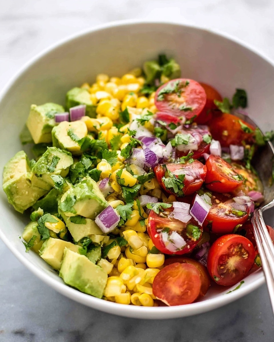 A white bowl filled with a colorful salad showing three main layers: the first layer has bright yellow corn kernels with a smooth texture at the bottom; the second layer has chunky light green avocado pieces with a soft texture mixed with small chopped purple onions scattered evenly; the third layer includes halved shiny red cherry tomatoes with green cilantro leaves mixed throughout, giving a fresh look. A large silver spoon is partially inside the bowl near the top right side. The bowl is placed on a white marbled surface. Photo taken with an iphone --ar 4:5 --v 7