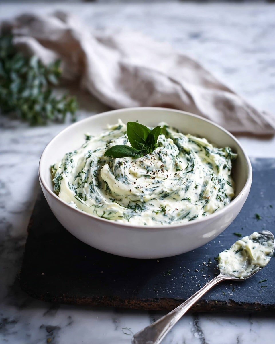 A bowl with thick, creamy white mixture swirled with green herbs, giving it a textured, leafy look. The mixture forms a small peak in the center, topped with a few fresh green leaves and a sprinkle of black pepper. The bowl is white, placed on a dark mat with a silver spoon that has some of the same creamy mix on it. The background is a white marbled surface with a light, soft cloth draped on one side and a small green plant partially visible. Photo taken with an iphone --ar 4:5 --v 7