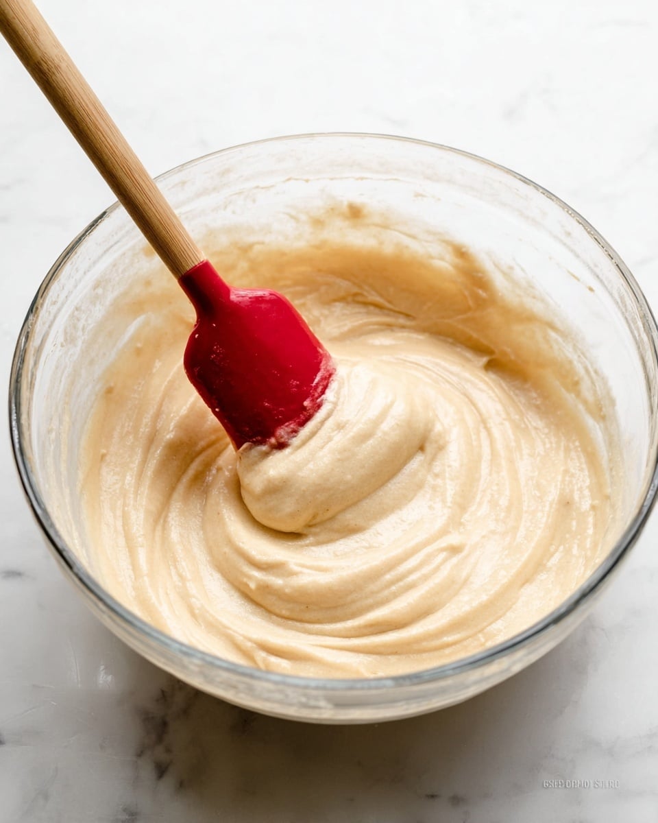 A clear glass bowl filled with smooth, light beige batter that has a creamy, thick texture. A red spatula with a wooden handle lifts some of the batter, showing its soft and slightly sticky consistency. The bowl sits on a white marbled surface, creating a clean and bright background. photo taken with an iphone --ar 4:5 --v 7