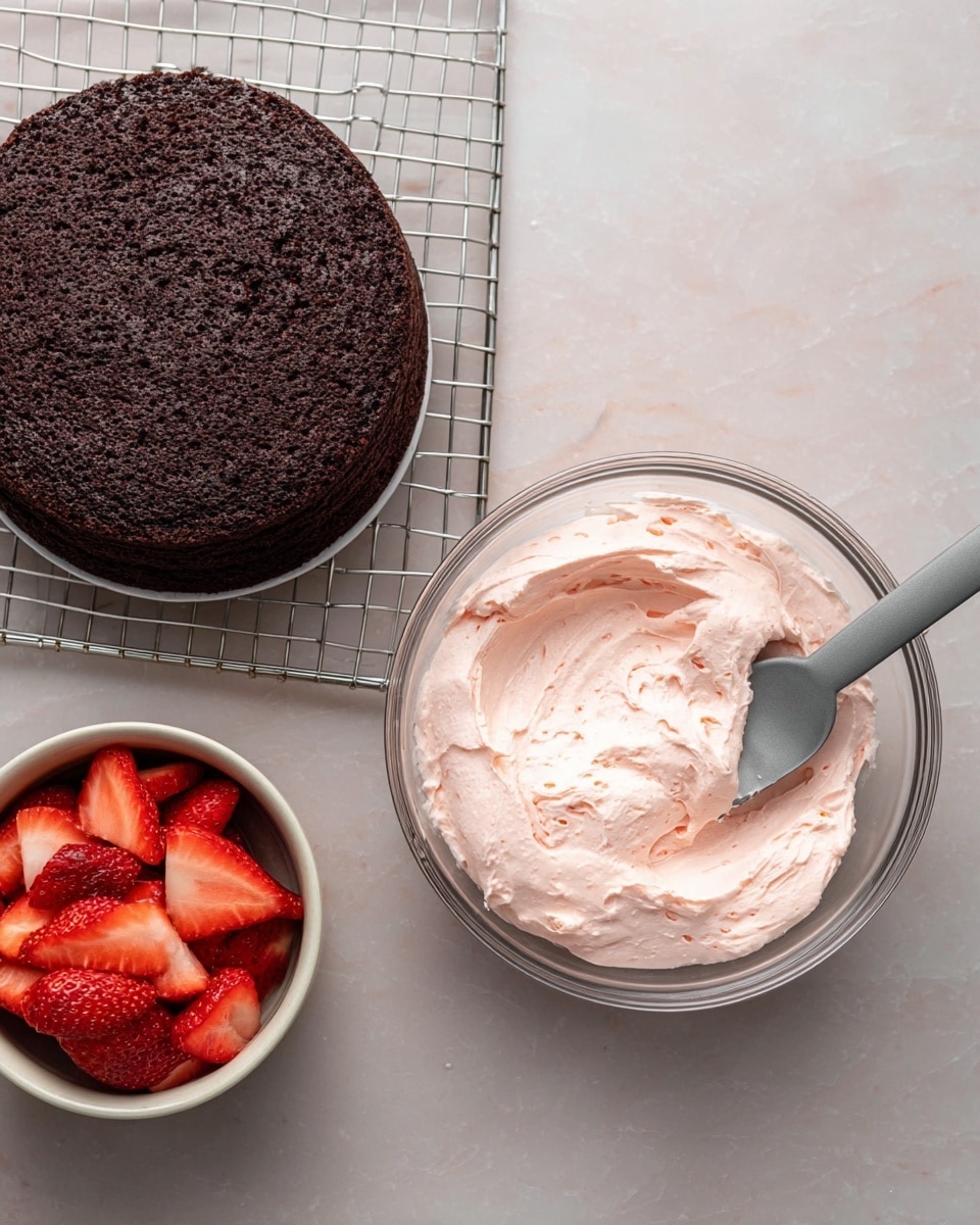The image shows three main parts: on top left, a single round chocolate cake layer with a rough, moist texture sitting on a silver cooling rack over a white marbled surface; below it to the right, there is a clear glass bowl filled with light pink, creamy strawberry frosting, which looks smooth and fluffy with a grey spoon resting inside; and to the bottom left, a small round bowl filled with bright red, sliced strawberries with a fresh, juicy look. photo taken with an iphone --ar 4:5 --v 7