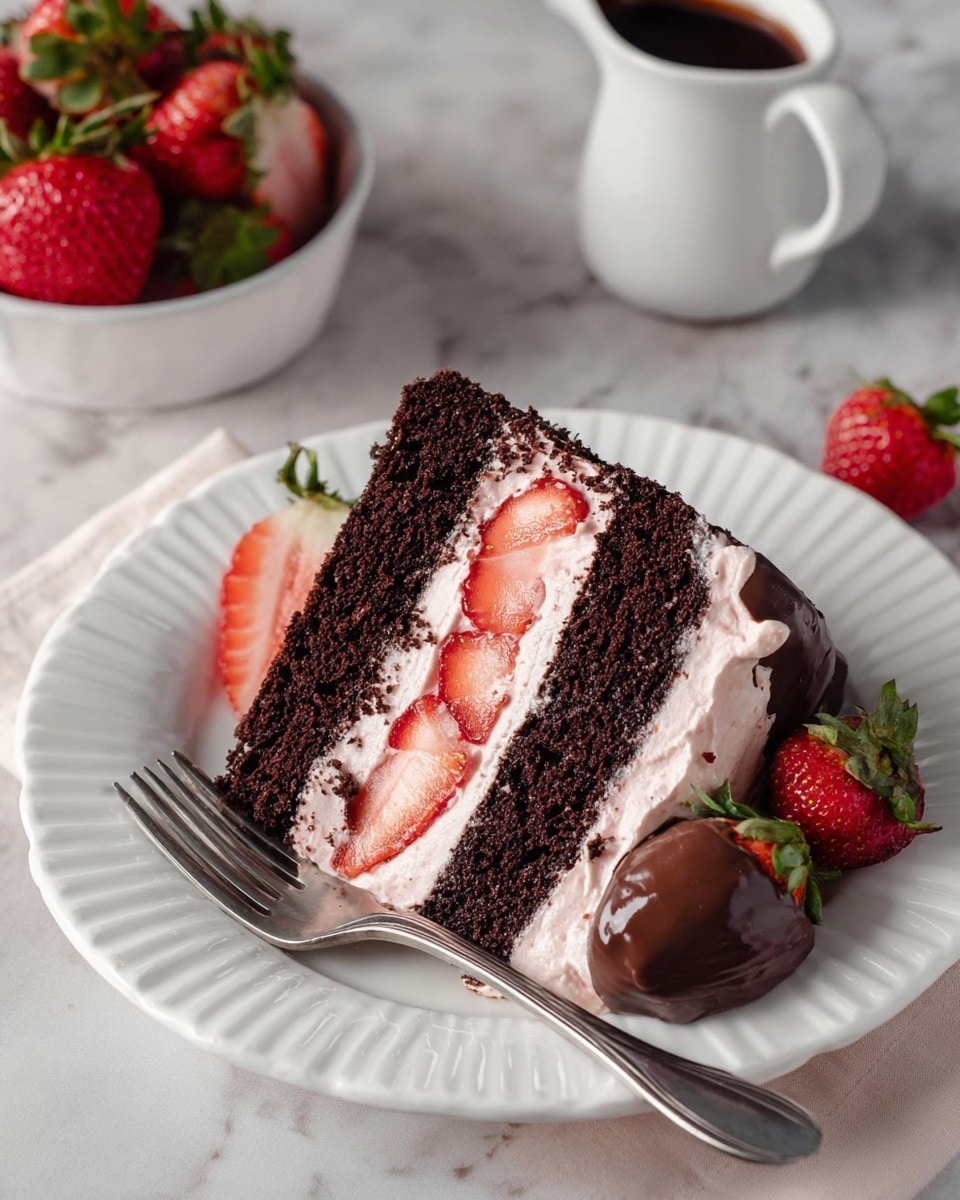 The image shows a round, two-layer cake with smooth light pink frosting on the sides speckled with tiny red dots. The top is covered with a shiny dark chocolate glaze that drips down the sides in uneven streams. On top, there is a circle of fresh strawberries, some whole and some sliced in half, half of them dipped in the same chocolate glaze. The cake sits on a white plate over a white marbled surface. In the background, there is a white bowl filled with whole strawberries and a white pitcher pouring chocolate sauce. Photo taken with an iphone --ar 4:5 --v 7