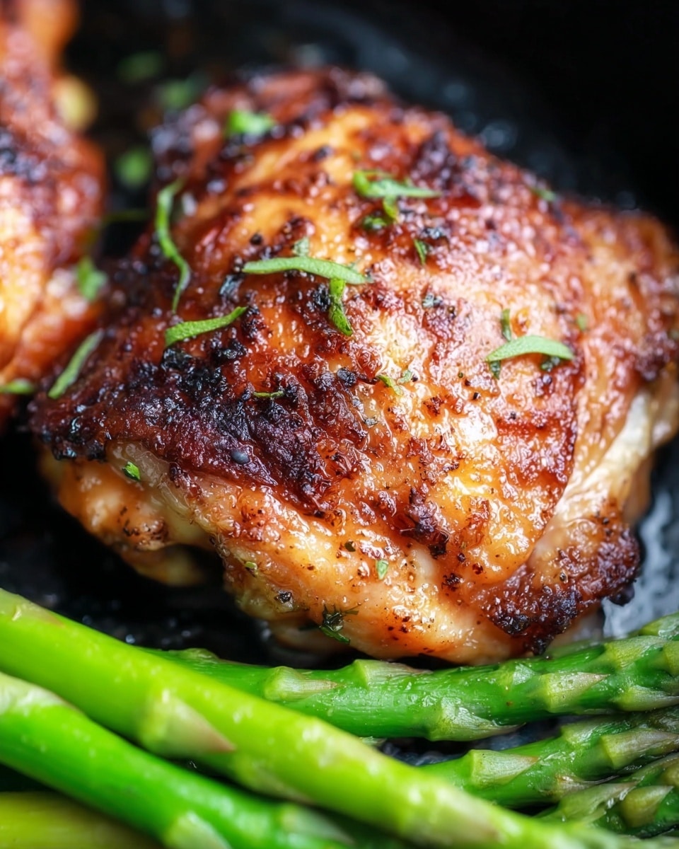 A close-up photo shows a cooked chicken thigh with a golden brown crispy skin, sprinkled with small green herb leaves. Next to the chicken thigh are several bright green asparagus stalks laid side by side. The chicken and asparagus rest on a dark background that looks like a pan or grill. The chicken skin has a textured look with some charred spots. photo taken with an iphone --ar 4:5 --v 7