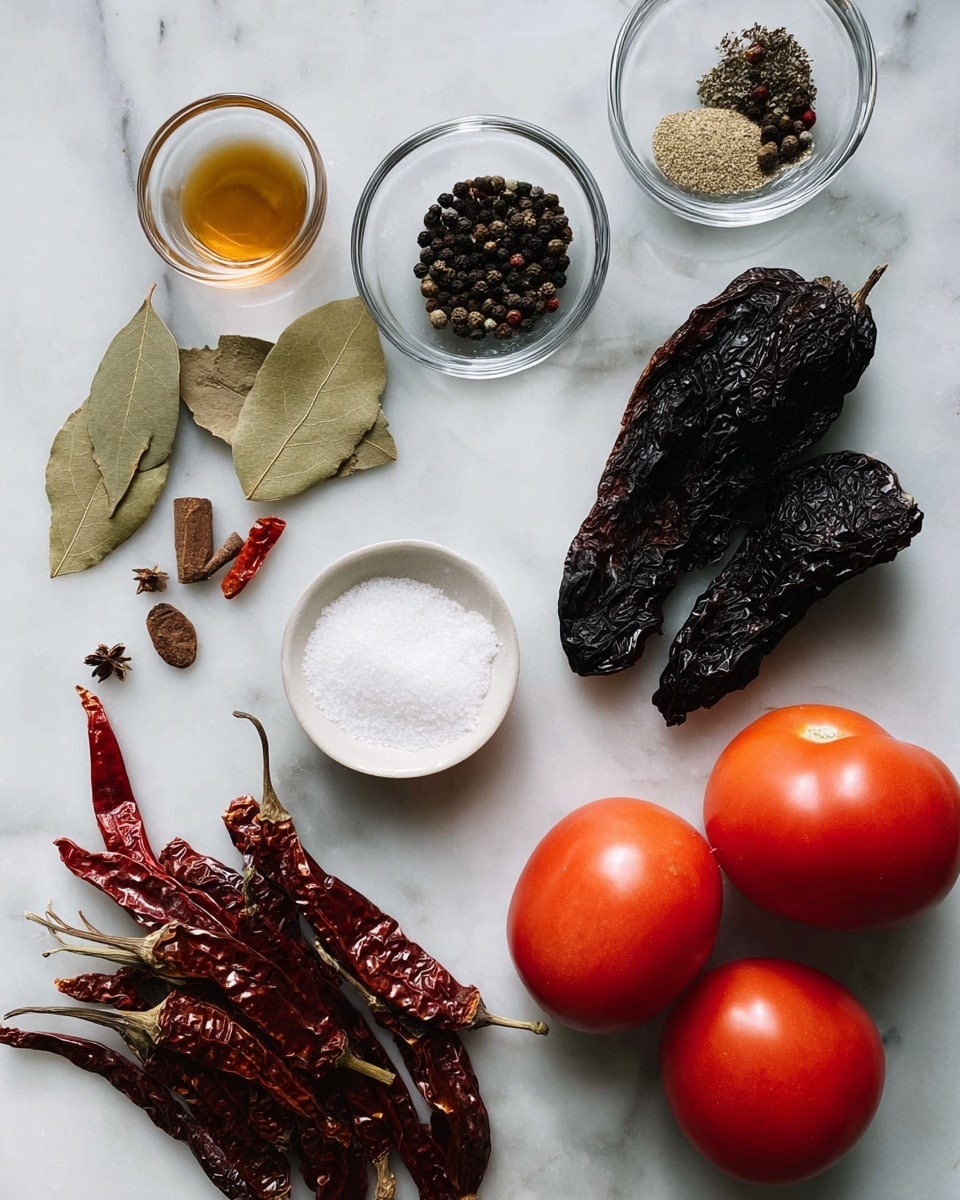On a white marbled surface, there are fresh red tomatoes grouped on the top right, smooth and shiny with a rich red tone. Next to them, on the bottom right, are large, dark wrinkled dried chilies with rough textures. On the bottom left, a smaller bunch of long, shiny dried red chilies rests near a few small bright red fresh chilies. Near the center, a small white bowl holds coarse white salt with a rough texture. Close by, a tiny clear glass bowl contains a light amber liquid. Above it, two clear glass bowls hold black peppercorns and a mix of green and brown spices. There are three dried bay leaves lying flat near the center left, and a piece of cinnamon stick and a few allspice berries sit close by on the left side. The overall feeling is neat and organized with the ingredients spaced out naturally on the smooth white marbled surface. photo taken with an iphone --ar 4:5 --v 7