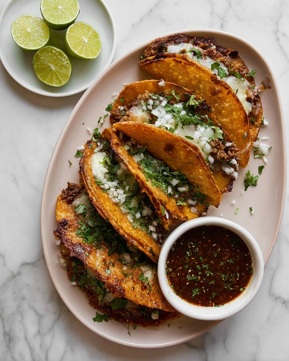 A white oval plate shows five folded tacos arranged side by side, each taco with a crispy, deep orange-brown shell. Inside, the tacos have filling layers of melted white cheese, dark cooked meat, and freshly chopped white onions and green cilantro sprinkled on top. There are two lime halves placed on the plate—one at the front right and the other at the back left. The plate sits on a white marbled surface next to a small white bowl with dark chunky salsa and a small white bowl holding three lime halves in the background, along with a beige cloth at the edge. Photo taken with an iphone --ar 4:5 --v 7