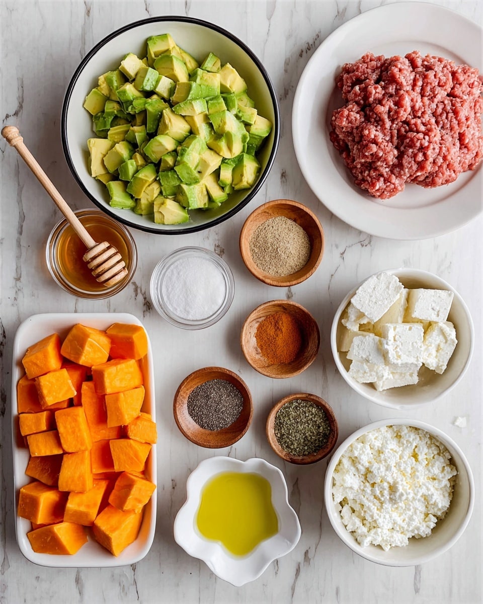 The image shows many ingredients laid out on a white marbled surface. There is a white plate with minced meat placed near the top right, while near the top left is a white bowl with black trim filled with diced green avocado pieces. Below the avocado is a small white bowl holding honey with a wooden honey dipper resting on it. Near the bottom left, there is a white rectangular dish full of cubed orange sweet potatoes. Scattered around the middle are three small wooden bowls containing garlic powder, black pepper, and salt. To the right of these is a small bowl shaped like a flower with yellow olive oil. Near the bottom right is a white bowl with black trim filled with white cottage cheese. At the top right corner are two white bowls holding a spice mix and salt. The whole setup is clean and brightly lit, photo taken with an iphone --ar 4:5 --v 7