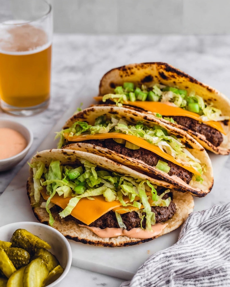 There are three tacos arranged in a row, each taco held upright in a black taco holder on a white marbled surface. Each taco has three layers inside: a bottom layer of cooked dark brown ground beef, a middle layer of bright orange melted cheese, and a top layer of shredded light green lettuce. In the background, two glasses filled with light yellow beer are slightly out of focus. The overall look is fresh and colorful, with the soft taco shells slightly toasted and the ingredients neatly stacked. Photo taken with an iphone --ar 4:5 --v 7