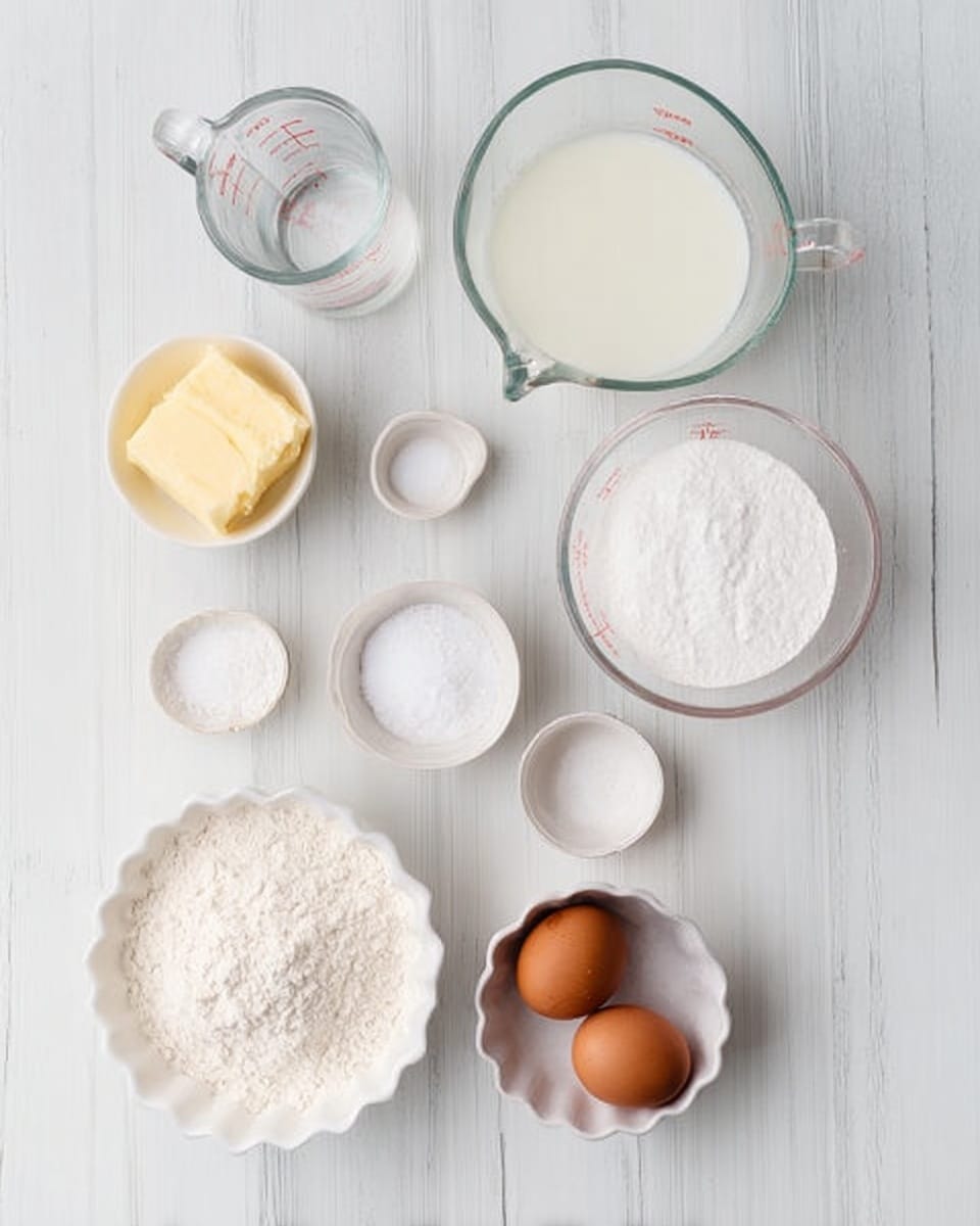 The image shows eight small white bowls and clear glass measuring cups placed neatly on a white marbled wooden table. The bottom layer consists of a scalloped white bowl filled with flour, a small white bowl with granulated yeast, and a white bowl holding two brown eggs. Above them, a larger white bowl contains white granulated sugar. To the left, a small white bowl has melted butter, while a small round white bowl holds salt. Two clear glass measuring cups are at the top, one filled with water and the other with milk. All items are arranged in a clean, balanced layout. photo taken with an iphone --ar 4:5 --v 7