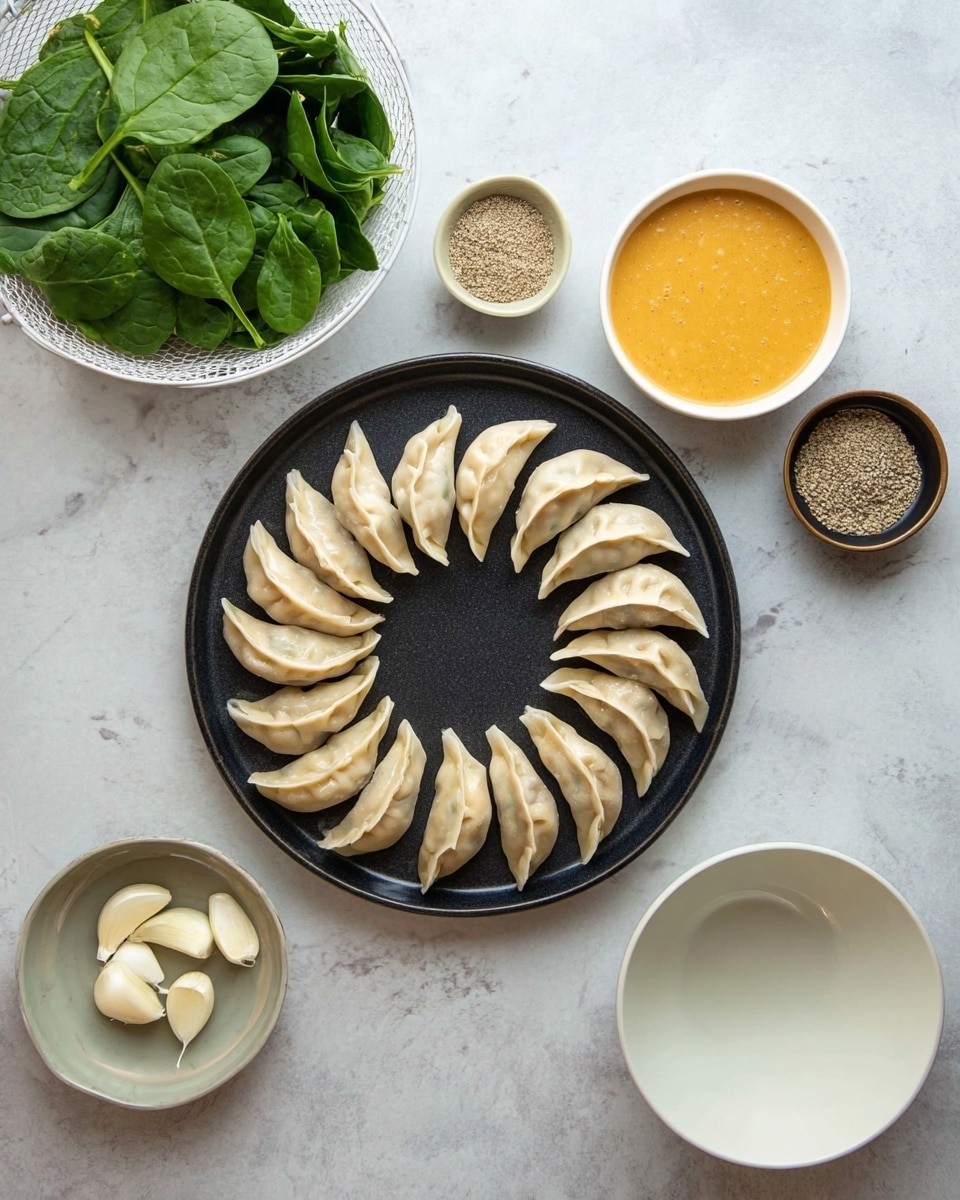 The image shows a black round plate in the center with two layers of 18 light beige dumplings arranged neatly in a circle, their pleated edges facing inward. Above the plate is a white bowl filled with smooth orange sauce and next to it, a small brown bowl with coarse seasoning. To the right of the black plate, there is a small black bowl holding three peeled white garlic cloves. Below to the left, a white wire basket contains fresh dark green spinach leaves. Below to the right sits an empty white round bowl. All items rest on a white marbled surface. Photo taken with an iphone --ar 4:5 --v 7