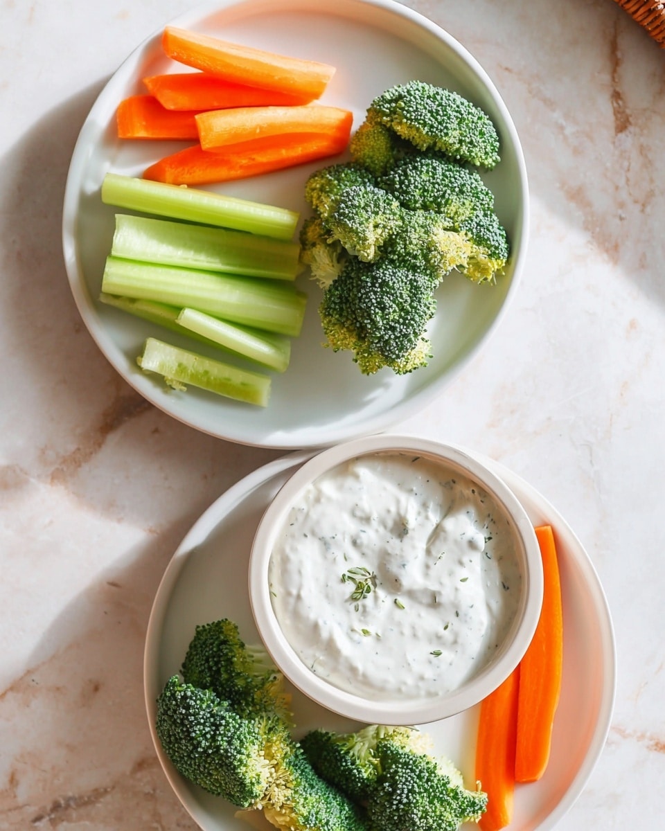 A white round plate holds three types of raw vegetables arranged around a small white bowl filled with thick, creamy white dip speckled with green herbs. On the top right side are dark green broccoli florets with detailed bumpy textures. On the left side are bright orange carrot sticks with smooth surfaces, and at the bottom are pale green celery sticks with slight ridges running lengthwise. The plate is set on a white marbled surface. photo taken with an iphone --ar 4:5 --v 7