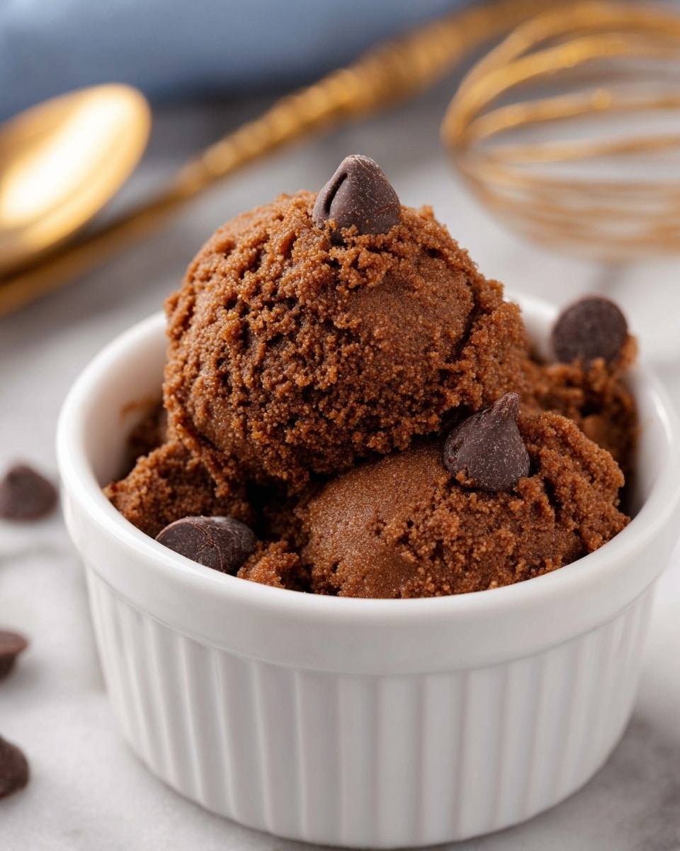 The image shows a white ceramic ramekin filled with three scoops of dense, rough-textured chocolate dough or batter, each scoop having a rich brown color. Resting on and around the scoops are several dark brown chocolate chips that add contrast to the mixture. The background features a white marbled surface, and the overall composition is close-up, highlighting the granular texture of the dough. In the blurred background, there is a golden spoon and a whisk, enhancing the baking context of the scene. photo taken with an iphone --ar 4:5 --v 7