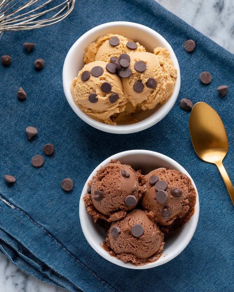 A white round bowl is filled with four scoops of light brown cookie dough that have a rough, crumbly texture. Each scoop is topped with one or two dark brown chocolate chips, and more chocolate chips are scattered around inside the bowl. The bowl is placed on a blue cloth with part of a blurry cookie in the background on a white marbled surface. Photo taken with an iphone --ar 4:5 --v 7
