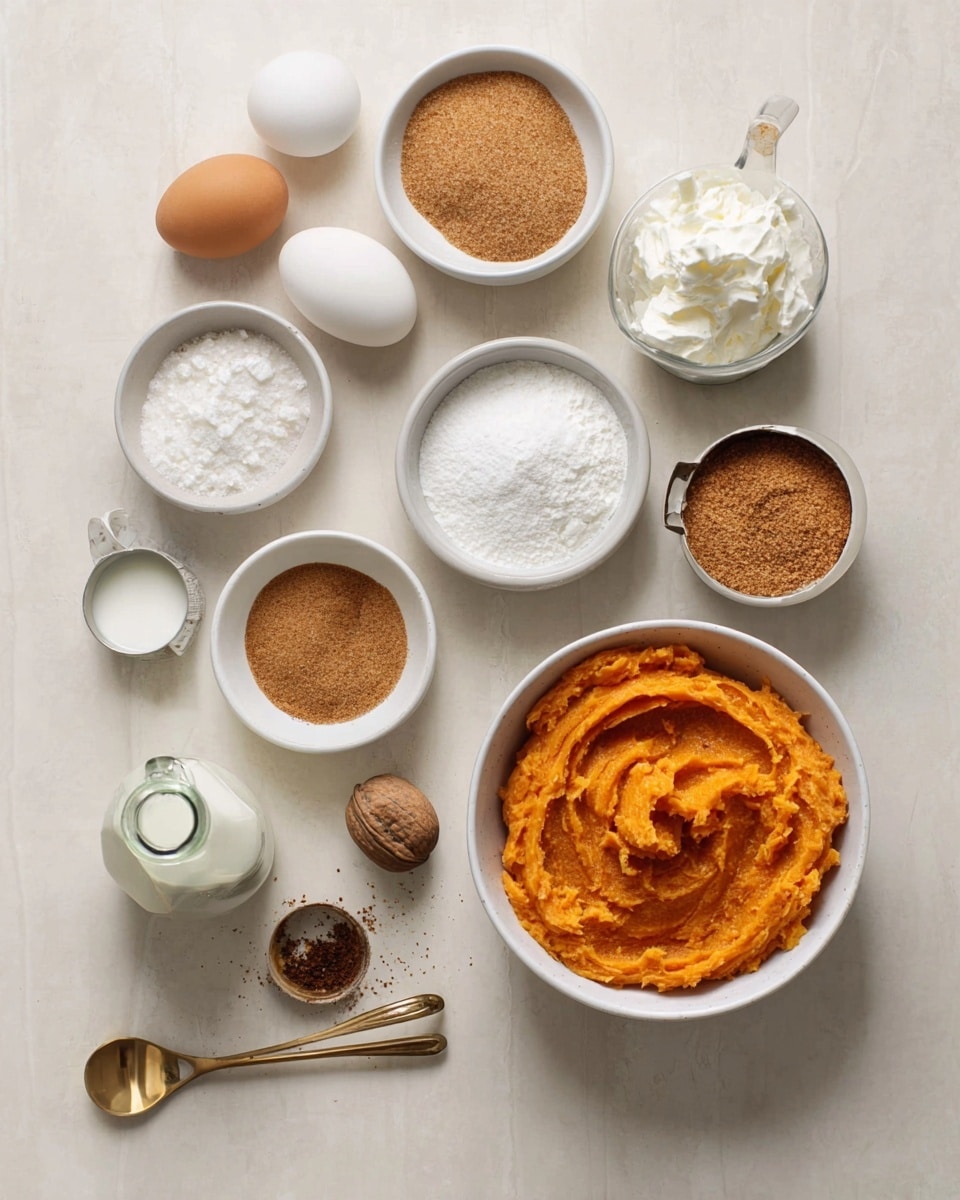 The image shows various baking ingredients arranged neatly on a white marbled surface. At the top right is a white bowl filled with bright orange mashed sweet potato, textured with smooth ridges. Around it are small white bowls and measuring cups holding light brown sugar, white granulated sugar, brown sugar, white baking powder, whipped cream with a fluffy texture, and light brown ground spices. There are two whole white eggs, a small glass bottle of milk, a whole nutmeg, and a gold spoon filled with a dark spice arranged evenly around the main bowl. The setup is clean and minimal, emphasizing the colors and textures of the ingredients. photo taken with an iphone --ar 4:5 --v 7