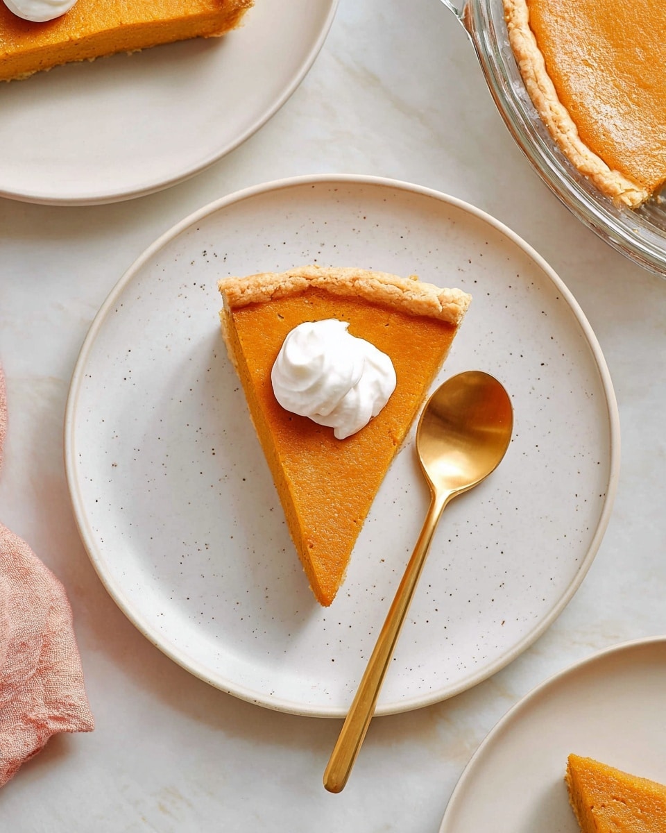 A slice of orange-colored pie with a smooth texture is placed on a white plate with a slightly speckled surface. The pie slice has one small dollop of white whipped cream on top near the pointed tip. Next to the slice is a gold spoon resting on the plate. In the top right corner, a clear glass pie dish holds the rest of the pie with a golden-brown edge. Other white plates with more pie slices are partially visible around the main plate, all set on a white marbled surface. photo taken with an iphone --ar 4:5 --v 7