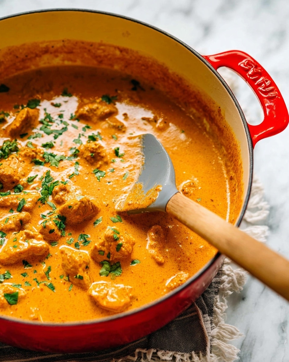 A close-up view of a red pot filled with creamy orange sauce mixed with small chunks of meat, topped with freshly chopped green herbs scattered over the surface. A gray spatula with a wooden handle scoops up some of the sauce, showing its rich and smooth texture. The pot sits on a white marbled surface, highlighting the vibrant colors of the dish. photo taken with an iphone --ar 4:5 --v 7