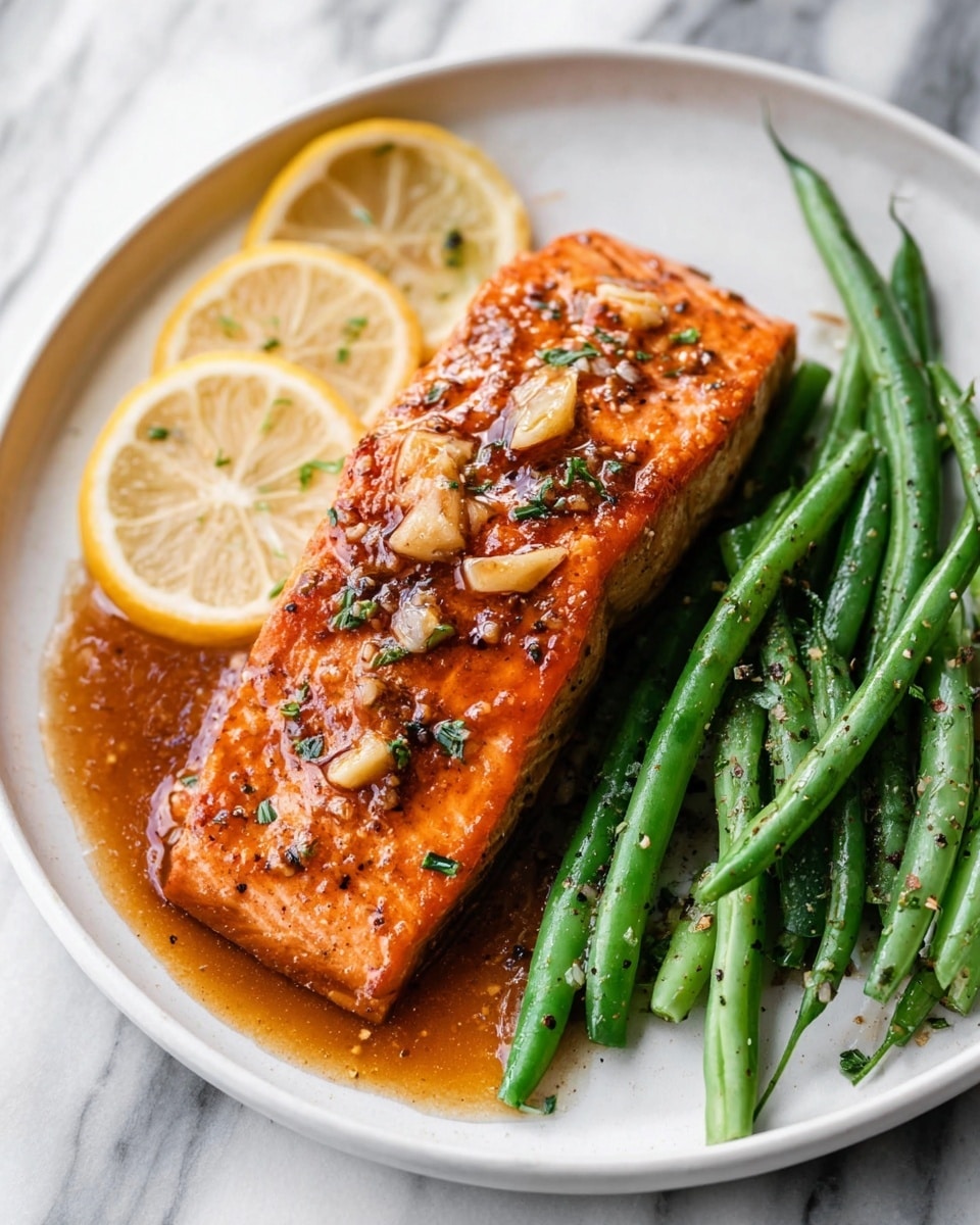 A white round plate on a white marbled surface holds a neatly arranged meal with two main parts. On the left side is a thick, rectangular piece of salmon covered in a shiny, dark orange glaze sauce with small bits of garlic and herbs sprinkled on top. Just above the salmon is a thin, round slice of lemon with a yellow rind. On the right side of the plate is a tidy pile of cooked green beans, bright green in color with a slight shine and black pepper seasoning lightly scattered. Small bits of chopped green herbs are sprinkled around the plate near the food, adding small pops of color. Photo taken with an iphone --ar 4:5 --v 7