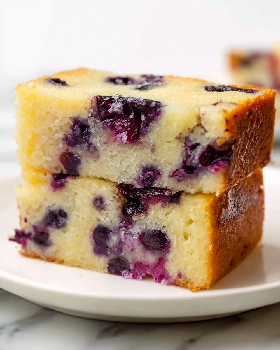 Two square slices of blueberry cake are stacked on a white plate. Each slice shows one thick layer of soft, light yellow cake with a moist texture, dotted generously with whole, dark purple blueberries that have slightly burst, creating purple streaks in the cake. The edges of the cake are golden brown, giving a light crust contrast to the soft inside. The white plate sits on a white marbled surface. photo taken with an iphone --ar 4:5 --v 7