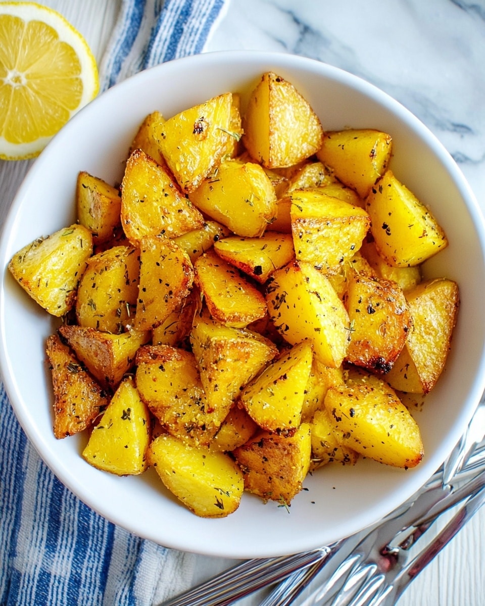 A white bowl filled with golden roasted potato pieces, each triangular or chunk-shaped with slightly crispy edges and a soft texture inside. The potato pieces are sprinkled with black pepper and herbs, giving small dark flakes all over their yellow surface. The bowl sits on a white marbled surface, next to half of a lemon and a blue and white striped cloth with two silver forks resting on it. The lighting highlights the warm tones and crisp textures of the potatoes. photo taken with an iphone --ar 4:5 --v 7
