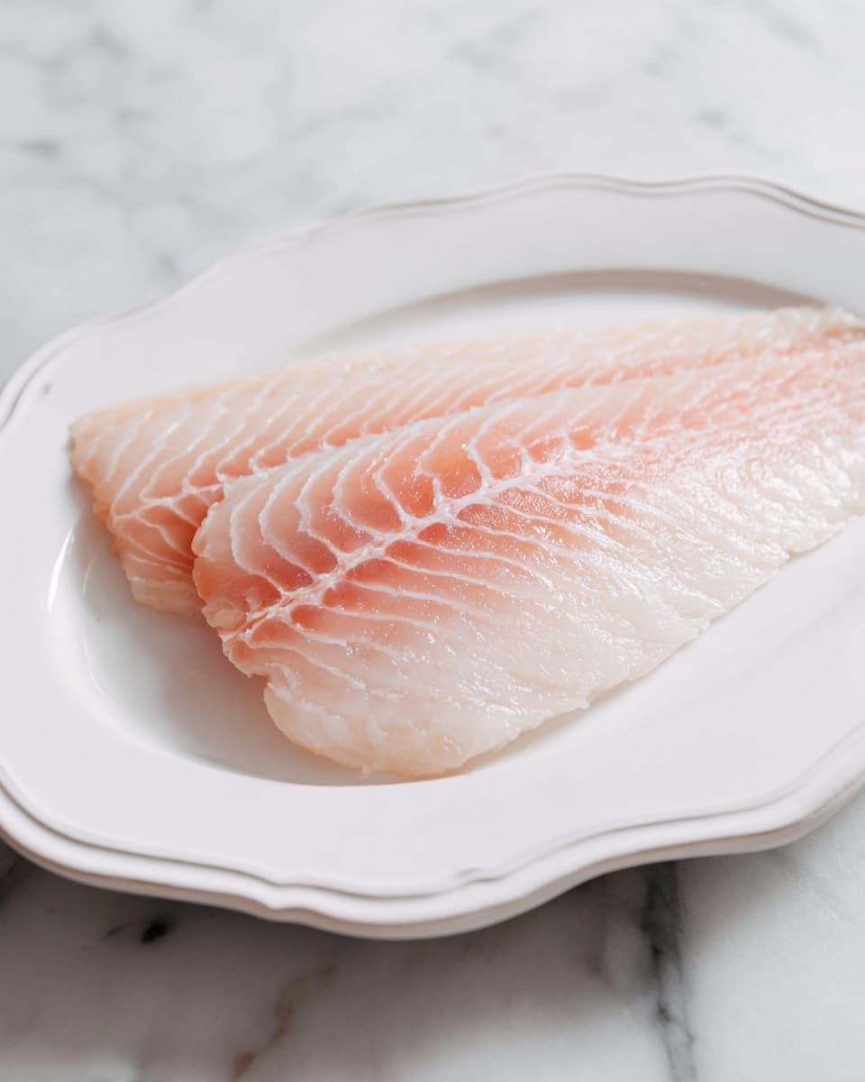 A single layer of raw fish fillet lies flat on a white plate with a wavy edge, showing a pale pink color with subtle white lines running through the flesh, giving a slightly translucent and moist look. The fish has a natural texture with visible fine lines and a soft sheen, placed centrally on the plate, which rests on a white marbled surface. photo taken with an iphone --ar 4:5 --v 7