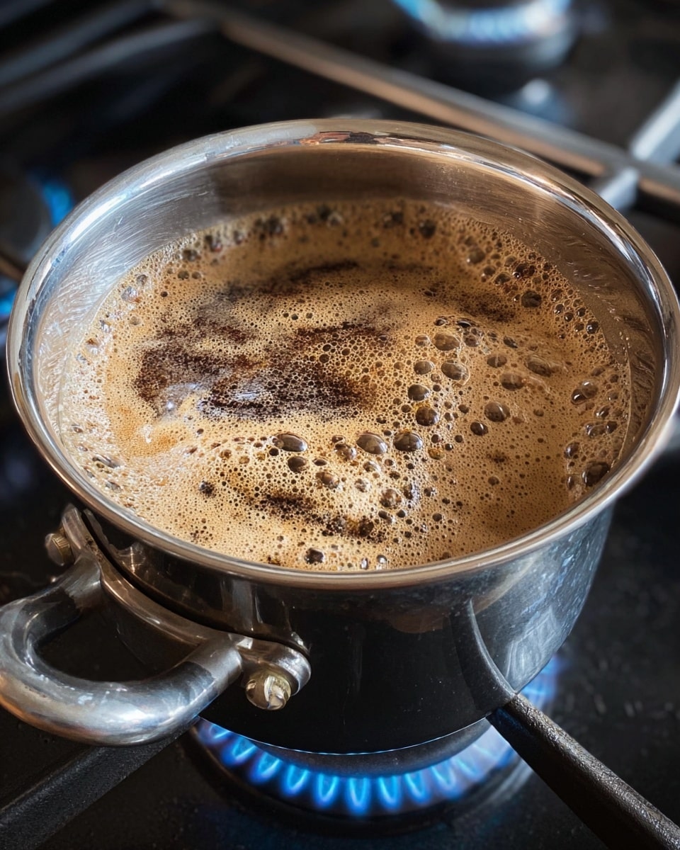The image shows a shiny silver pot on a stove with blue gas flames visible underneath. Inside the pot, a brown, bubbly liquid is simmering with a foamy texture covering the surface. The foam has a mix of light and dark brown shades with some small bubbles and thicker patches. The pot has two black handles with silver attachments and the stove surface is made of metal. Photo taken with an iphone --ar 4:5 --v 7