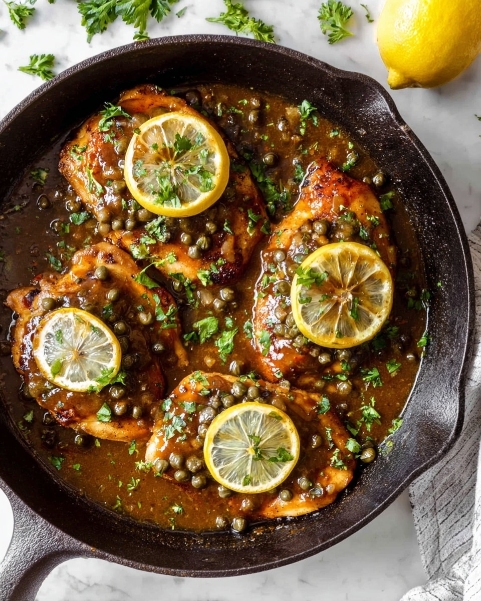 A black cast iron pan holds three pieces of cooked golden brown chicken, each topped with a shiny, thick brown sauce filled with small green capers and sprinkled with fresh green parsley leaves. Thin, round lemon slices with light yellow centers and white edges sit on top and between the chicken pieces. The sauce looks smooth and glossy, covering the chicken partially while pools of sauce gather in the pan. The pan rests on a white marbled surface with some scattered parsley leaves nearby. Photo taken with an iphone --ar 4:5 --v 7