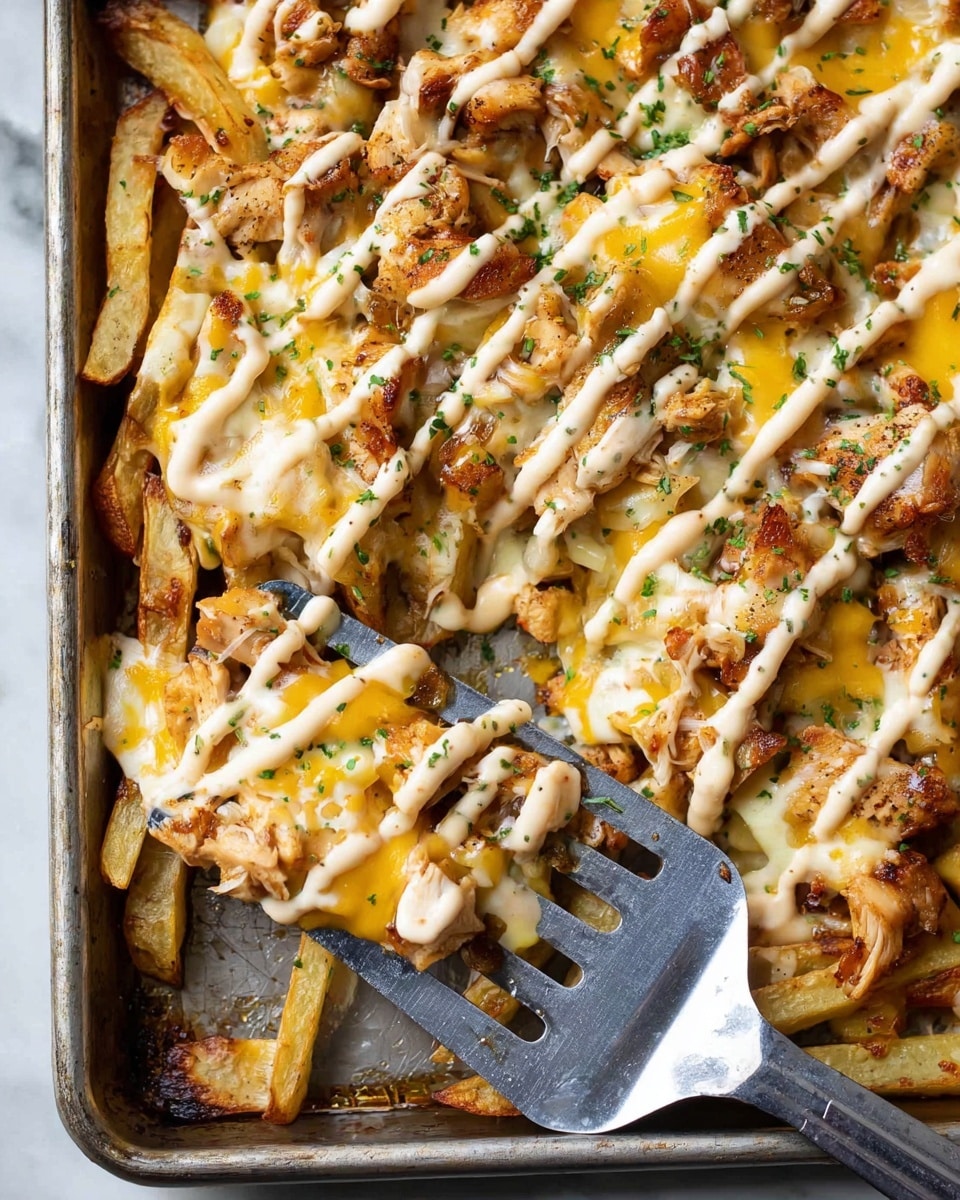 A white tray filled with thick potato wedges covered in melted bright orange cheddar cheese and light beige creamy sauce drizzled over the top. The potatoes have a crispy, browned texture and are sprinkled with small green chives for color contrast. A woman's hand is lifting one wedge, stretching the melted cheddar into long strings. The background is a white marbled surface. Photo taken with an iphone --ar 4:5 --v 7
