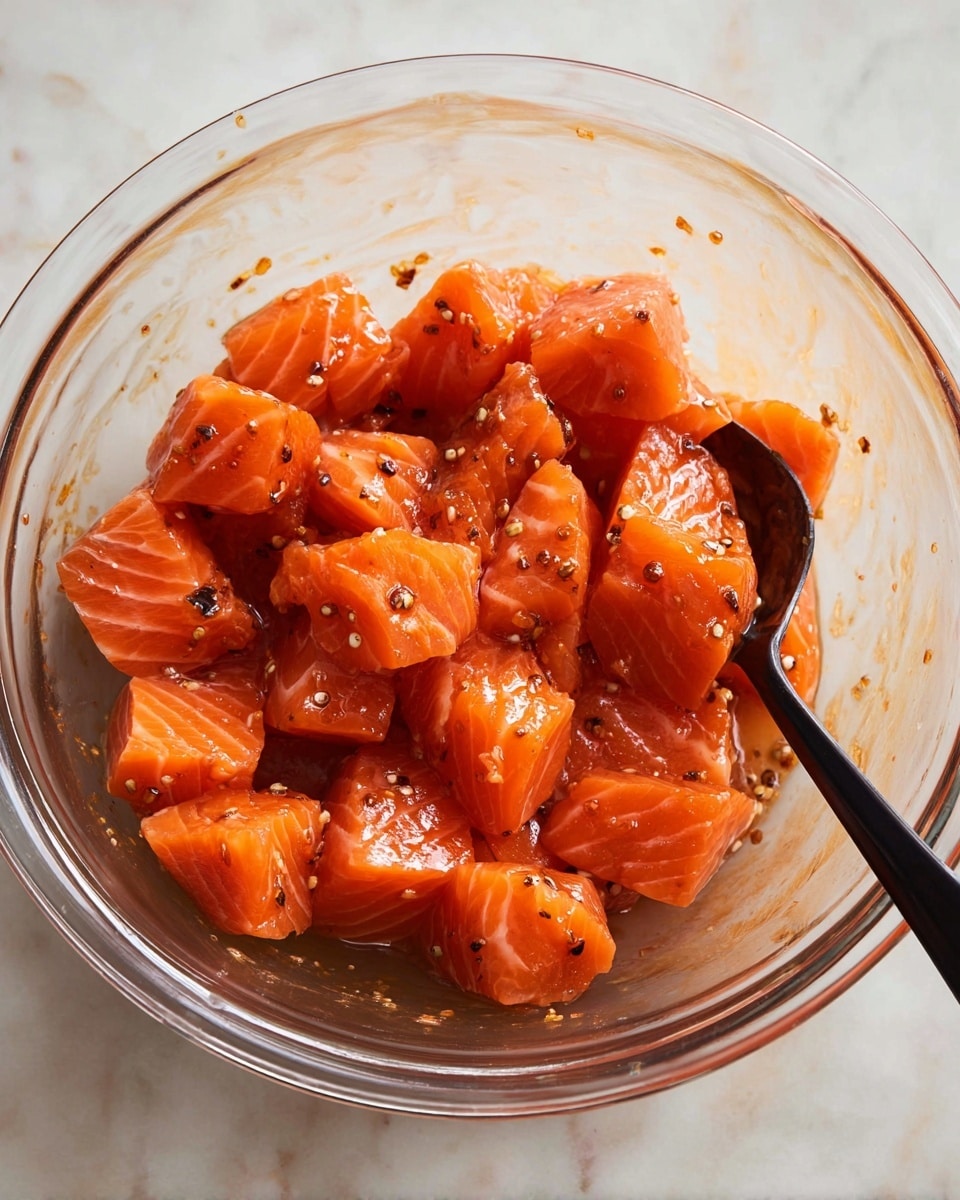 A clear glass bowl sits on a white marbled surface, filled with bright orange cubed raw salmon pieces coated in a glossy, reddish marinade with visible small bits of seasoning and black pepper flakes. A black spoon with a long handle is partially submerged in the bowl, resting on the side of the bowl. The salmon cubes show natural striations and a shiny, moist texture under the light. photo taken with an iphone --ar 4:5 --v 7