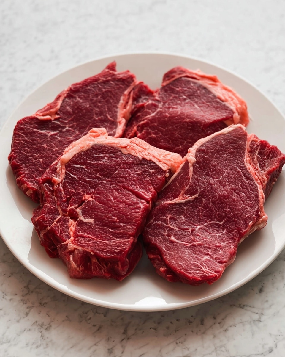 A white plate holds four thick raw beef steaks with a deep red color and visible marbling of white fat throughout. The steaks are arranged close together, filling the plate and showing the natural texture and fibers of the meat. The background is a white marbled surface, adding a clean and bright setting to the simple presentation. photo taken with an iphone --ar 4:5 --v 7