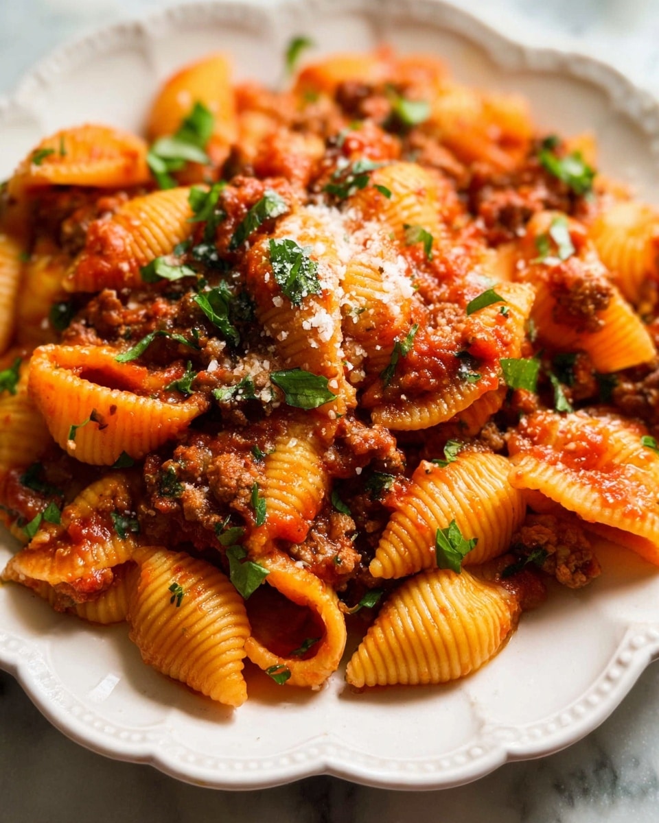 The image shows a close-up of a white scalloped plate filled with pasta shells covered in a red tomato sauce mixed with small chunks of cooked ground meat and bits of tomato. The pasta is orange-yellow with ridged texture, and the sauce has a glossy look with herbs sprinkled on top, including finely chopped green basil leaves and grated white cheese. The plate is set on a white marbled surface. Photo taken with an iphone --ar 4:5 --v 7