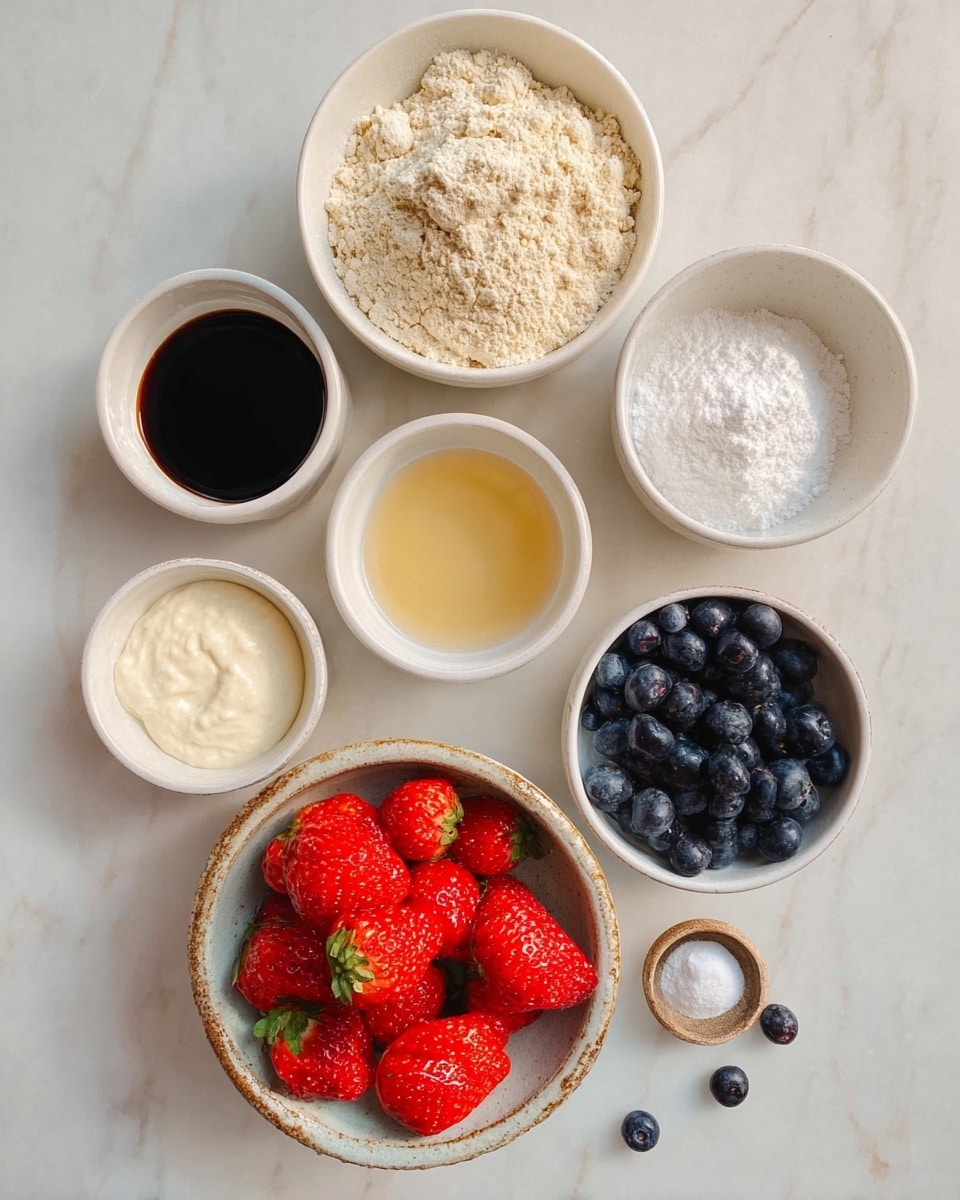 A white marble surface holds seven small white bowls filled with different ingredients. In the top center, a bowl contains light beige flour with a crumbly texture. To the right, a bowl has a white powder, and below it, another white bowl contains a creamy white substance. On the left, a bowl filled with dark liquid sits next to a smaller white bowl with a pale yellow liquid. In the center, a rustic white bowl holds white powder. At the bottom right, a white bowl is filled with fresh strawberries and dark blueberries, the bright red and deep blue colors contrasting against the white bowl and marble. photo taken with an iphone --ar 4:5 --v 7