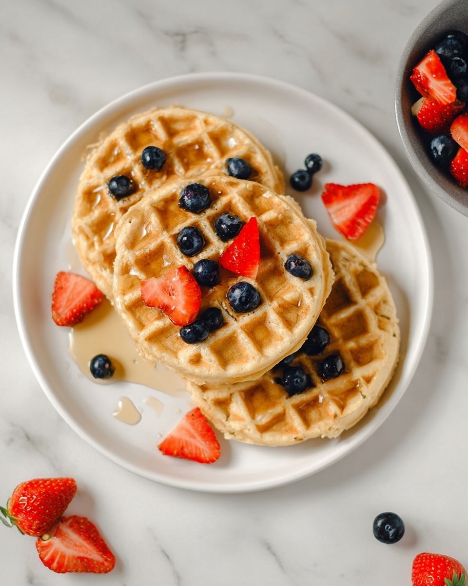 Three round golden waffles with a grid pattern are stacked slightly overlapping on a white plate, each topped with small round blueberries and red strawberry slices. The top waffle has a light drizzle of syrup pooling in its grid holes, with more blueberries and strawberries scattered around the plate. The plate is set on a white marbled surface with a single waffle and a gray bowl of mixed berries visible nearby. Photo taken with an iphone --ar 4:5 --v 7