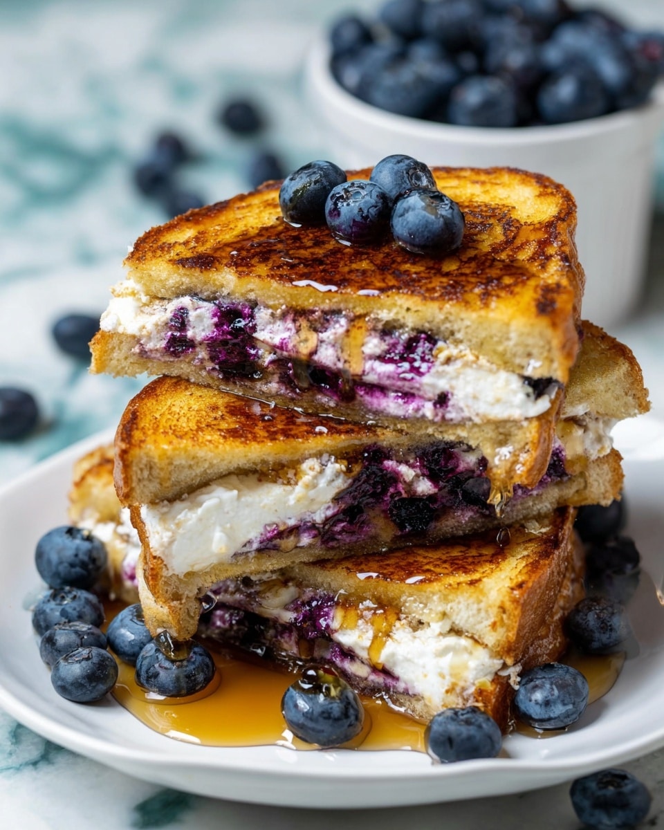 A stack of three grilled sandwiches is shown on a white plate, each sandwich cut in half to show three visible layers: golden brown, crispy toasted bread on the outside, a creamy white filling mixed with dark purple blueberries in the middle, and syrup drizzled over the top and pooling on the plate. Fresh blueberries are scattered around the plate and placed on top of the sandwiches. In the background, there is a white bowl filled with more blueberries on a white marbled surface. photo taken with an iphone --ar 4:5 --v 7