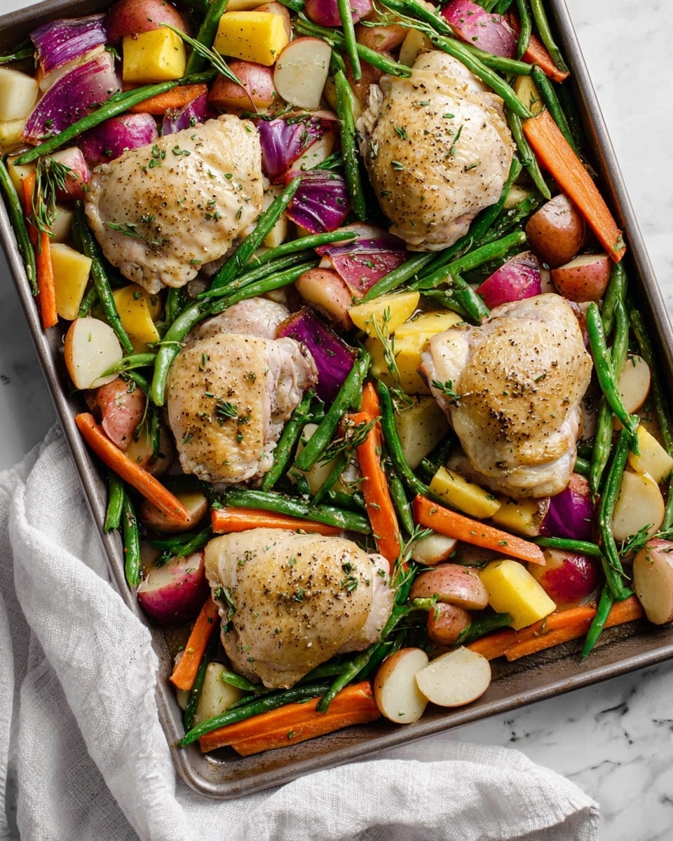 A metal baking tray holds a mix of four light beige cooked chicken thighs, each sprinkled with black pepper and green herbs. They rest on a colorful bed of vegetables: bright green beans, thick orange carrot sticks, yellow carrot sticks, chunks of white and red-skinned potatoes, and slices of purple onion. The vegetables are mixed evenly beneath and around the chicken pieces, creating a vibrant, textured layer. The tray is set on a white marbled surface with a white cloth partially visible at the bottom corner. Photo taken with an iphone --ar 4:5 --v 7