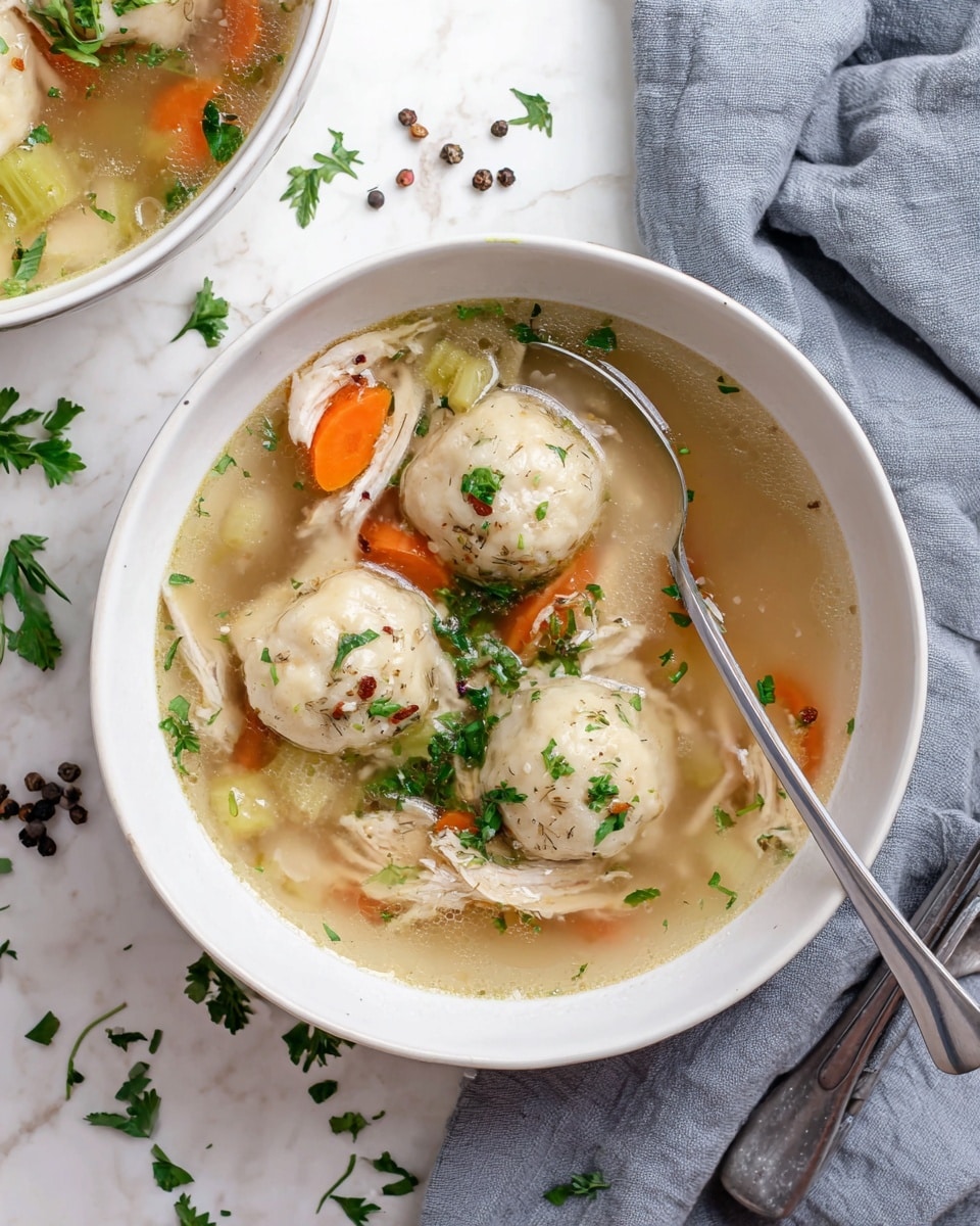 A white pot filled with a clear broth soup containing several light beige dough balls, orange carrot slices, green celery pieces, and shredded tender light brown chicken. The soup has a slightly oily surface reflecting light gently. The pot rests on a dark gray cloth laid on a white marbled surface. On the right side, there is a stack of white bowls with two silver spoons inside the top bowl. Nearby, two wooden spoons hold black peppercorns and coarse salt. Green parsley leaves are placed in the top left corner. Photo taken with an iphone --ar 4:5 --v 7