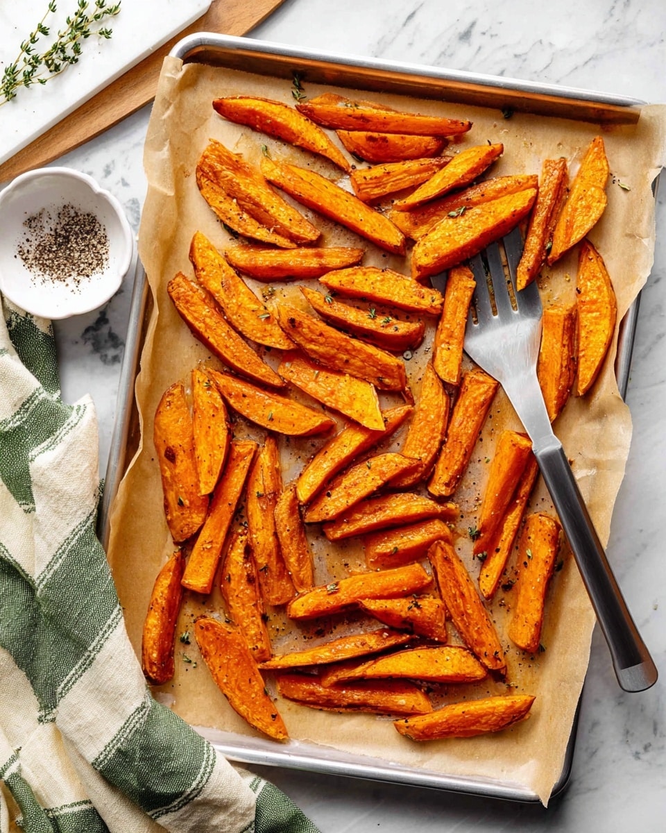 The image shows a silver baking tray lined with light brown parchment paper holding one layer of roasted orange sweet potato wedges. The wedges are roasted to a golden orange color with slight brown spots, showing a soft texture inside with crispy edges. A metal spatula is placed under some wedges near the top left. To the top left of the baking tray, there is a small white bowl with crushed black pepper inside and some green herbs, likely thyme, placed next to it on a white marbled surface. A striped cloth with green and cream colors is placed under the baking tray at the bottom left. Photo taken with an iphone --ar 4:5 --v 7