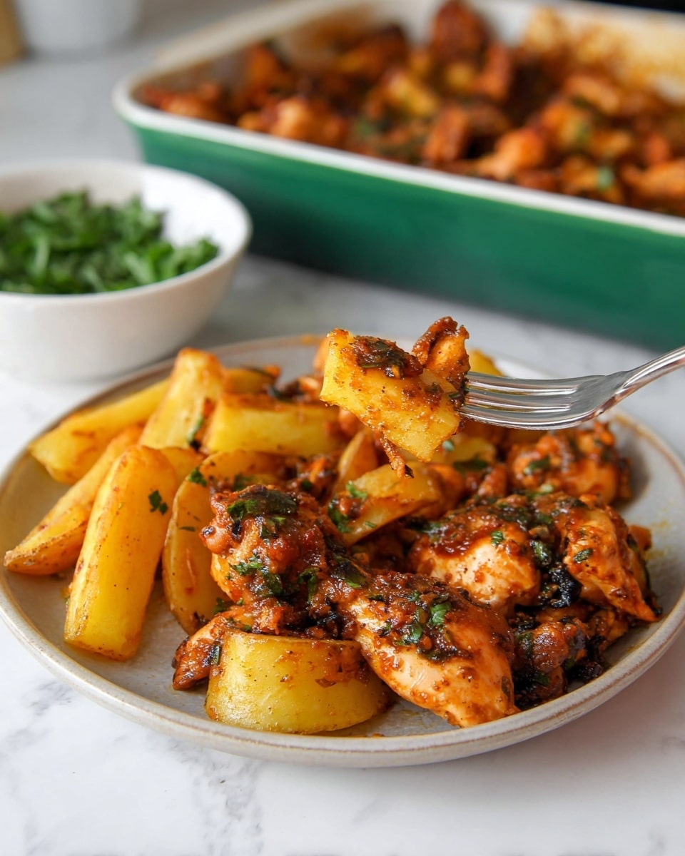 A white round plate on a white marbled surface holds a cooked dish with two main layers: the bottom layer is golden brown potato wedges with a soft texture, and the top layer is dark orange-brown pieces of chicken coated with green herbs and spices, giving a slightly shiny look. A fork lifts one piece of chicken and a potato wedge from the plate. In the background, there is a white bowl with fresh green chopped herbs and a green baking dish filled with more of the same chicken and potatoes. photo taken with an iphone --ar 4:5 --v 7