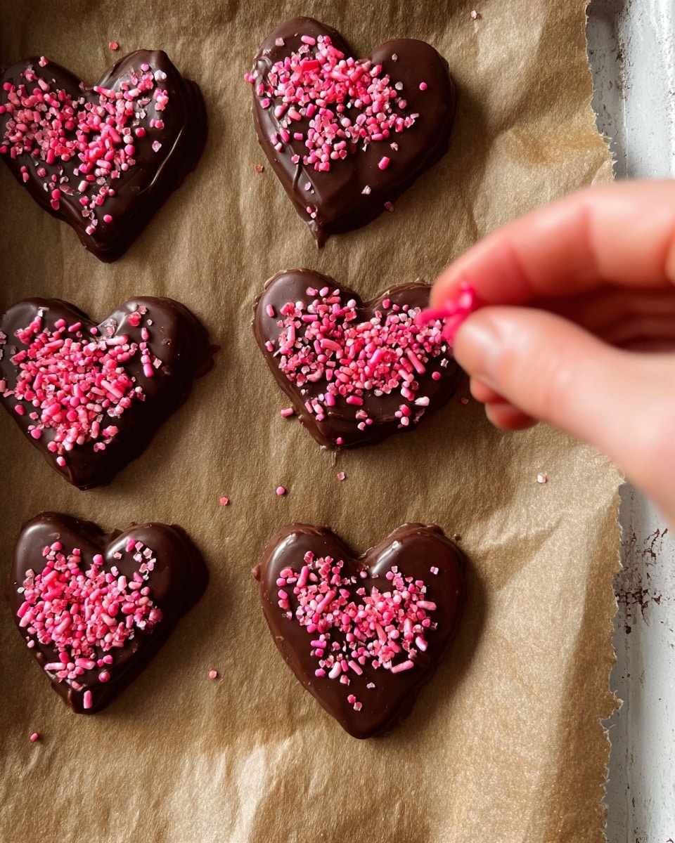 The image shows six heart-shaped treats placed on crinkled brown parchment paper inside a black baking tray. Each treat is coated in a smooth, dark chocolate layer and topped with small pieces of red crumbs and thin, light-colored nut slivers scattered unevenly across the surface. The tray is set on a white marbled surface, giving a clean and bright background that contrasts with the dark chocolates and vibrant red topping. The arrangement of the hearts is in a loose grid of two rows of three. photo taken with an iphone --ar 4:5 --v 7