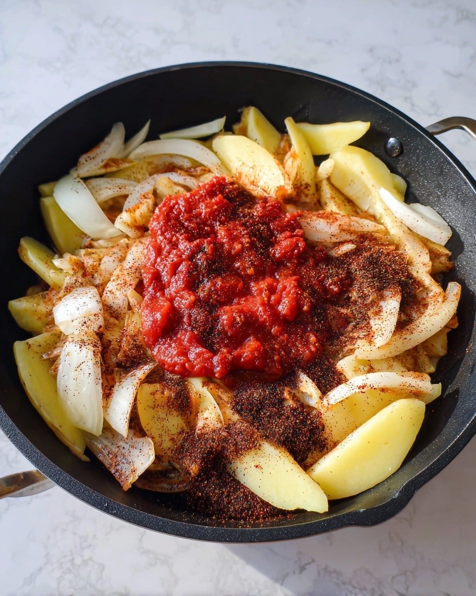 A black skillet on a white marbled surface holds a layered mix of ingredients. The bottom layer is made of pale yellow potato wedges arranged around the pan’s edge. On top of the potatoes, white onion slices are scattered unevenly. In the center, a bright red sauce with a chunky texture sits piled up, contrasting with the lighter colors around it. The whole dish is sprinkled with dark red and black spices, some dusted across the onions and potatoes, adding texture and color depth. Photo taken with an iphone --ar 4:5 --v 7