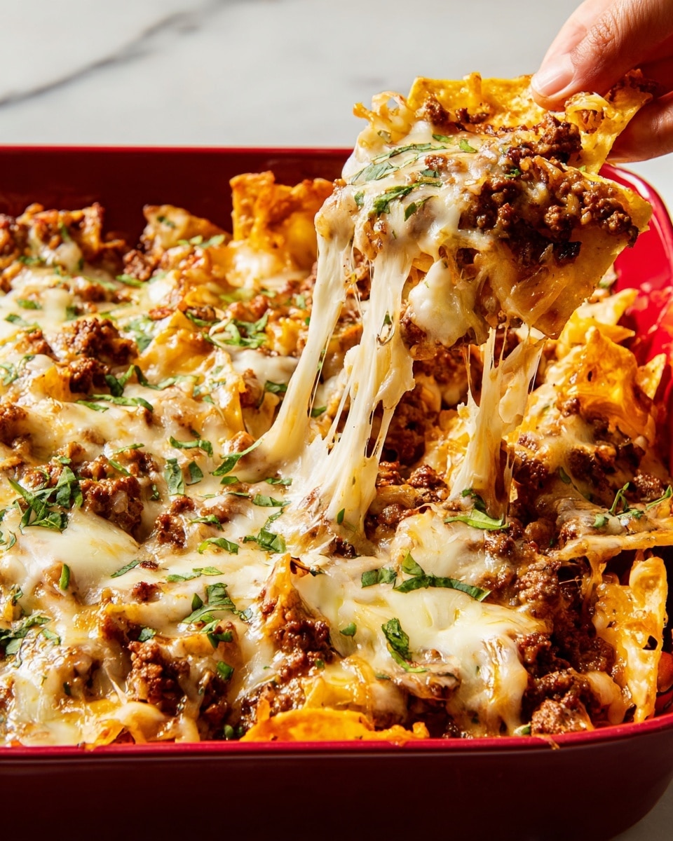 A red baking dish filled with layers of light yellow tortilla chips covered in a mix of browned ground meat and melted cheese. The cheese is creamy white and orange, melted smoothly over the chips and meat, with some green garnishes sprinkled on top. A woman's hand is lifting a large chip loaded with meat and cheese, showing stretchy white cheese strings coming off the chip. The background is a white marbled surface. photo taken with an iphone --ar 4:5 --v 7