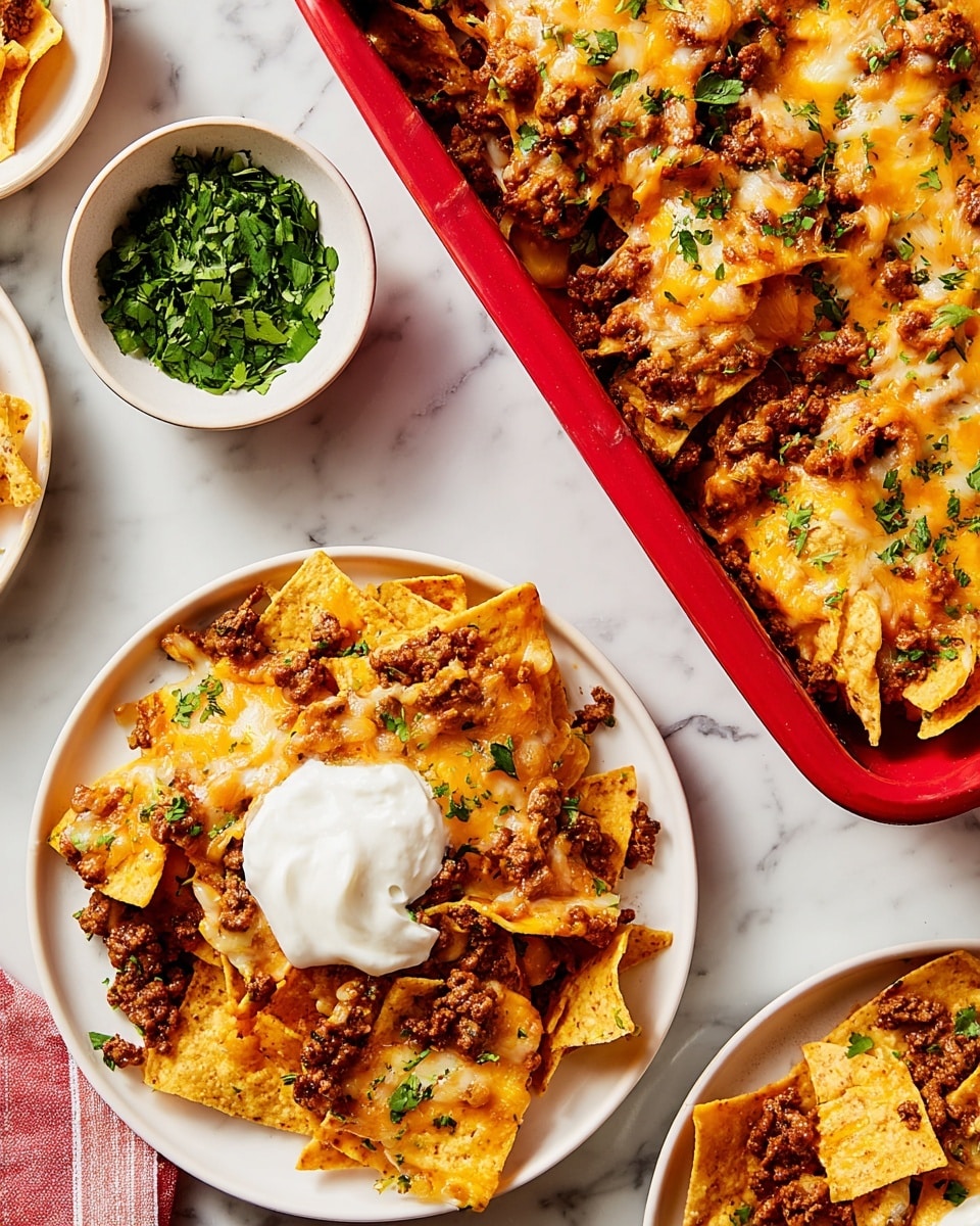 This image shows a white plate filled with a layer of crispy yellow tortilla chips topped with browned ground meat, melted orange and white cheese, and chopped green herbs. In the center of the plate, there is a dollop of smooth, white sour cream. Next to this plate, there is a white bowl with more tortilla chips covered in melted cheese and meat. Above both, there is a red baking dish filled with a thick layer of similar nachos that have melted cheese and meat scattered all over. In the top left corner, there is a small white bowl with chopped green herbs. The setup is on a white marbled surface, and the colors are warm with a mix of orange, brown, white, and green. photo taken with an iphone --ar 4:5 --v 7