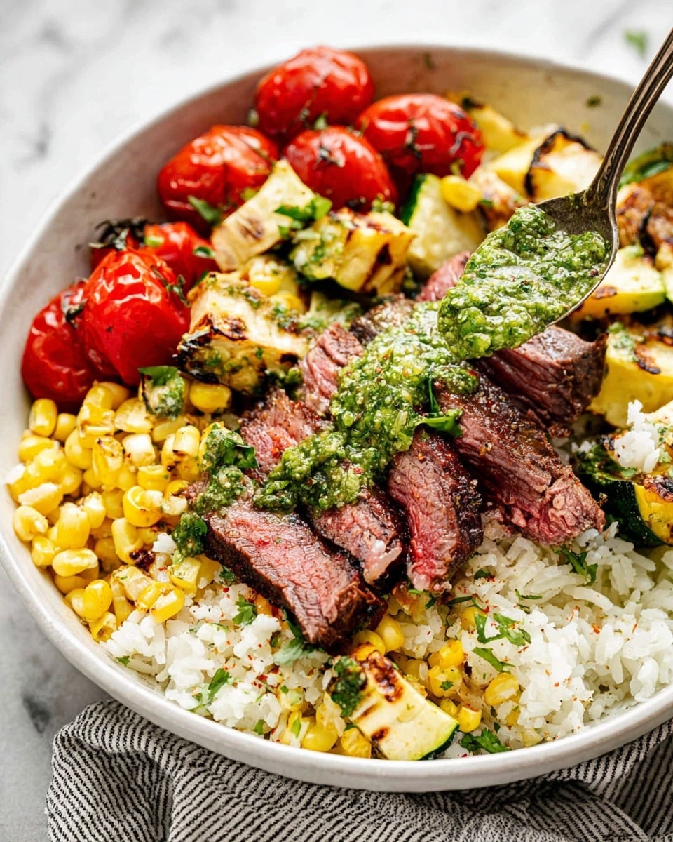 A white bowl filled with a base layer of white rice mixed with small green herbs, topped with bright yellow grilled corn pieces scattered around. On top of the rice and corn are juicy grilled zucchini cubes with light brown char marks, and whole grilled cherry tomatoes with a shiny red color and slight charring. In the center, there are several slices of medium-rare steak with pink centers and pepper seasoning on the edges. A generous spoonful of bright green herby sauce with a rough texture is being poured over the steak, adding freshness and color contrast. The bowl is placed on a white marbled surface with a striped cloth partially visible beneath it. Photo taken with an iphone --ar 4:5 --v 7