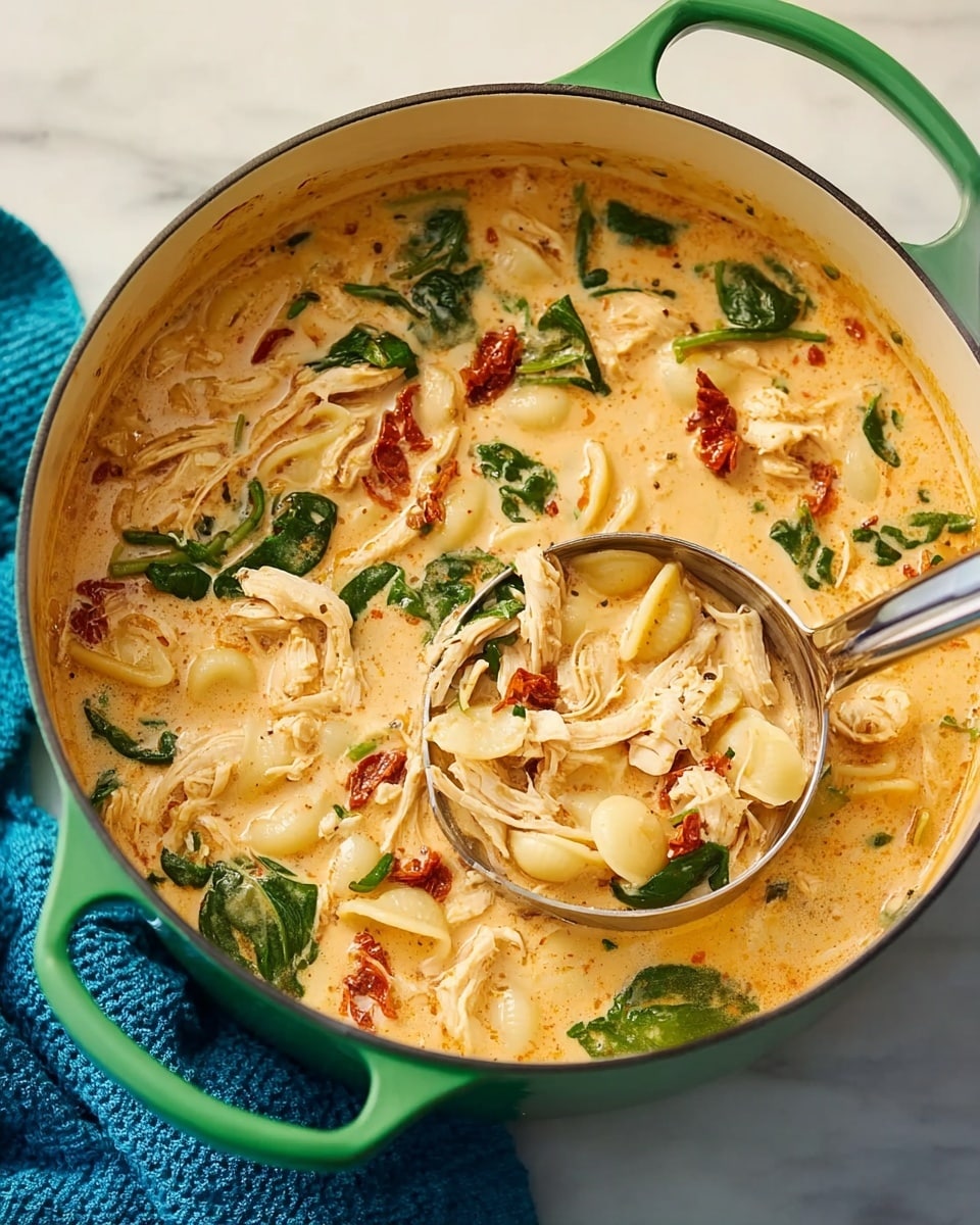 A green round pot filled with creamy soup that has a light orange color, filled with layers of shredded chicken, bright green spinach leaves, and white pasta shells scattered evenly throughout. Sun-dried tomato pieces add small red patches in the soup, and a silver ladle is scooping some from the middle, showing the creamy texture and all the ingredients mixed together. The pot is placed on a white marbled surface with a blue cloth beside it. Photo taken with an iphone --ar 4:5 --v 7