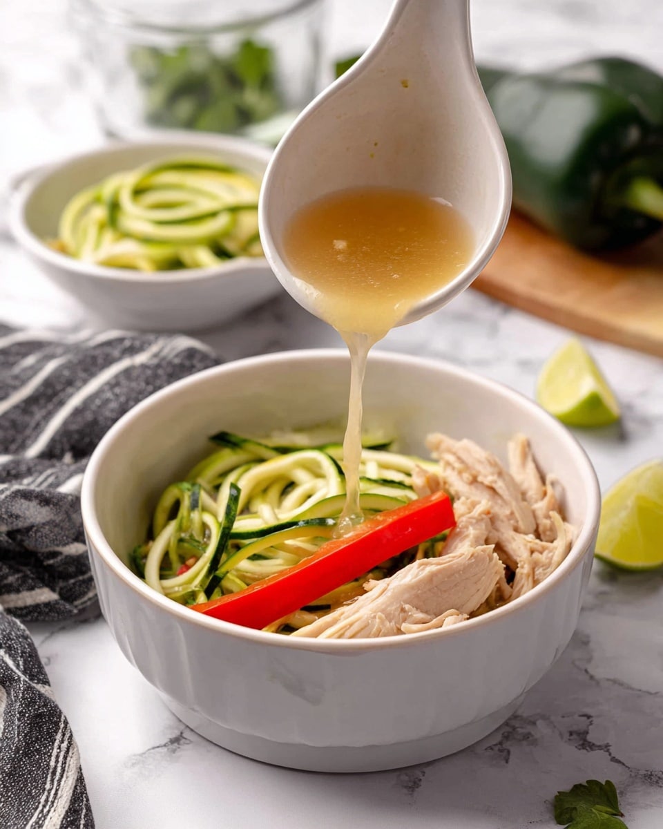 A white bowl sits on a white marbled surface, filled with spiralized green zucchini noodles as the bottom layer. On top of the noodles, there are a few pieces of light-colored cooked chicken and a long strip of bright red bell pepper. A white ladle is pouring clear broth with small pieces of onion and red bell pepper into the bowl, adding a shiny liquid layer that makes the ingredients glossy. Nearby, pieces of lime and another white bowl with more zucchini noodles are visible, along with green leafy herbs in a glass container and a dark green pepper on the marbled surface. A striped cloth with dark and white lines is seen in the background. photo taken with an iphone --ar 4:5 --v 7