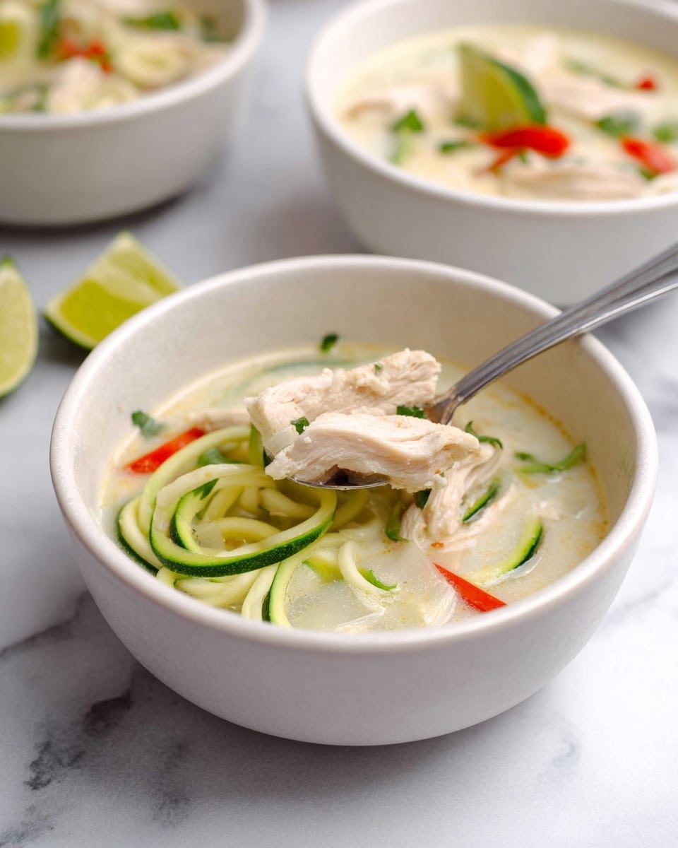 A white bowl sits on a white marbled surface, filled with a light creamy soup containing layers of ingredients. At the bottom, thin green spiralized zucchini strands create a base, topped with translucent white onion chunks and a few red pepper slices adding a pop of color. Two light beige pieces of cooked chicken rest on top, with a bright green lime wedge placed on the bowl's edge. A silver spoon dips into the soup, holding a piece of chicken above the bowl. In the back, two similar white bowls with the same soup are slightly blurred. Photo taken with an iphone --ar 4:5 --v 7