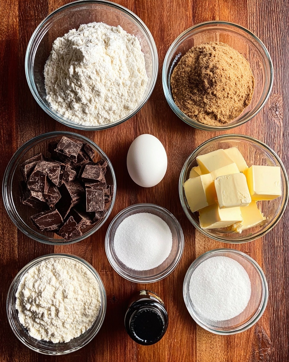 The image shows eight small clear glass bowls arranged neatly on a wooden surface. The top left bowl has white flour piled up with a soft texture, and next to it on the right is a bowl filled with light brown soft brown sugar. Below the flour, there is a bowl filled with dark brown chunks of chocolate with a slightly rough texture. To its right, a bowl contains yellowish butter cut into small rectangular blocks. An egg sits beside these bowls, white and smooth. Below the egg, there is a small bowl with white granulated sugar, and next to it is another bowl filled with white, grainy baking powder. Near the bottom right, a small bowl holds a clear liquid, likely vanilla extract, and beside it is a small dark bottle with a black cap. The background is a rich wooden surface. photo taken with an iphone --ar 4:5 --v 7