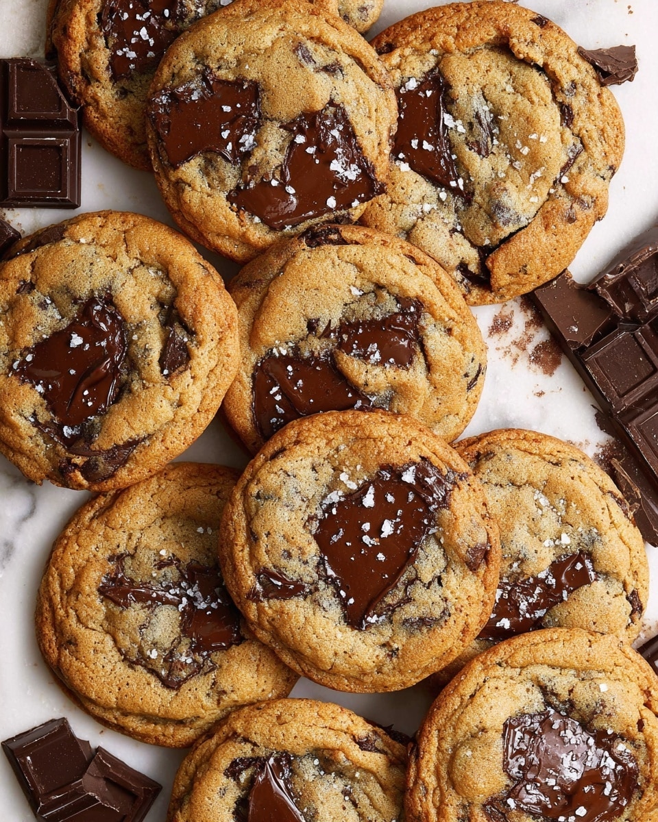 The image shows several round cookies with a golden brown color and a slightly cracked surface. Each cookie has large, melted dark chocolate chunks embedded on top, some of which are glossy and slightly spread out, with a few flakes of sea salt sprinkled on them. The cookies rest on a white parchment paper that covers a white marbled surface. Around the cookies, there are pieces of broken dark chocolate bar with a matte finish, adding contrast to the warm colors of the cookies. photo taken with an iphone --ar 4:5 --v 7