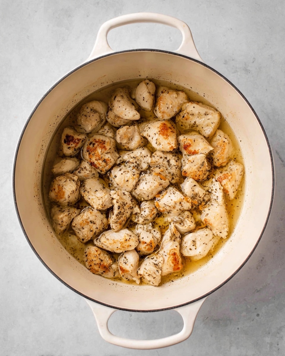 Inside a white cast iron pot with two handles, there are small pieces of cooked chicken. The chicken pieces are light brown with some darker roasted spots and some black pepper seasoning visible on them. The chicken is sitting in a little bit of light golden cooking liquid. The inside of the pot is a cream color, and the pot is placed on a white marbled surface. Photo taken with an iphone --ar 4:5 --v 7