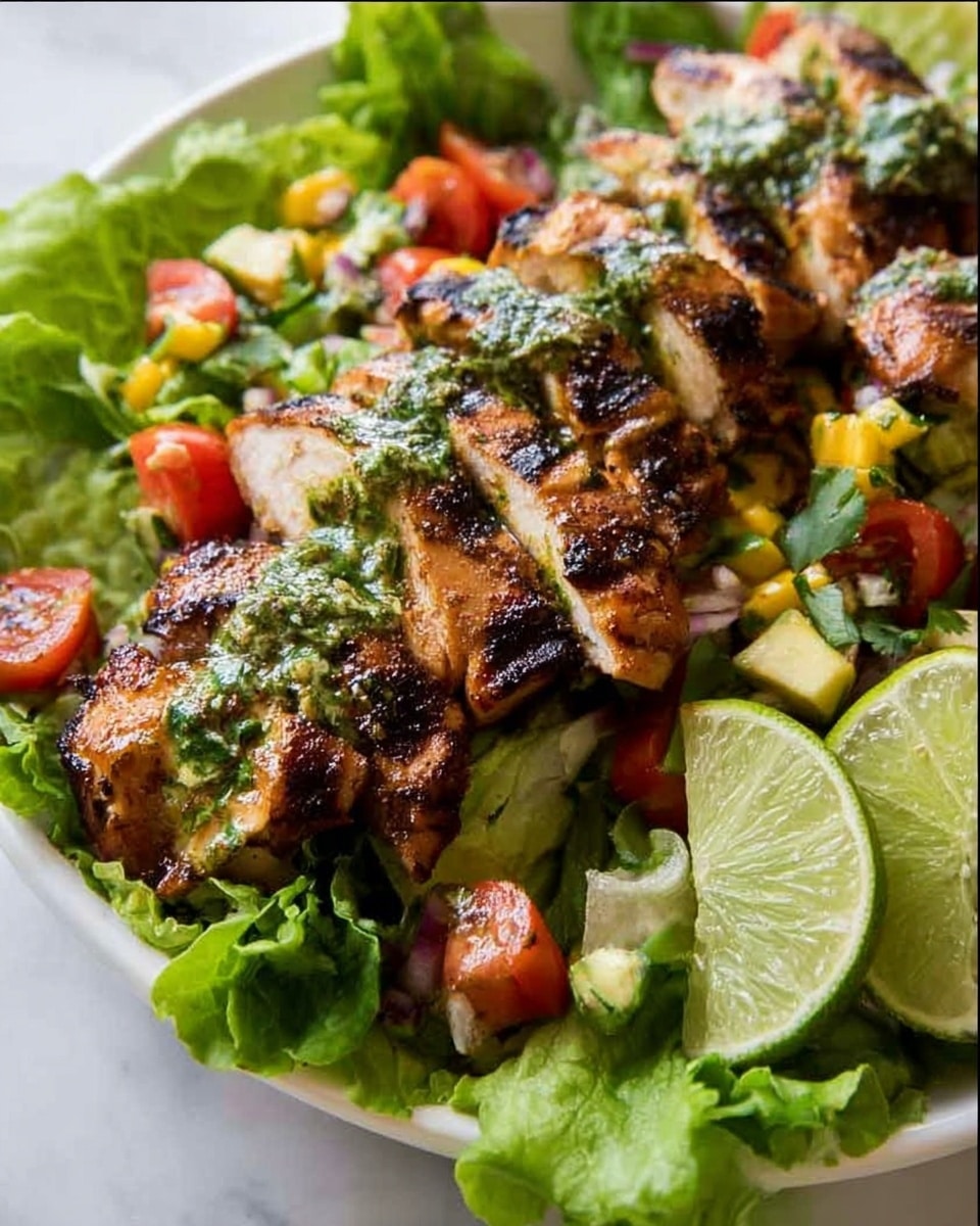A white plate filled with a base layer of fresh, bright green leafy lettuce. On top, several pieces of grilled chicken with dark brown char marks, glazed lightly with green herb sauce. Around the chicken, there are chunks of red tomatoes and a mix of diced green and yellow vegetables creating a colorful textured border. Two lime wedges rest on the right side of the plate, partially on the lettuce. Everything is placed on a white marbled surface. Photo taken with an iphone --ar 4:5 --v 7