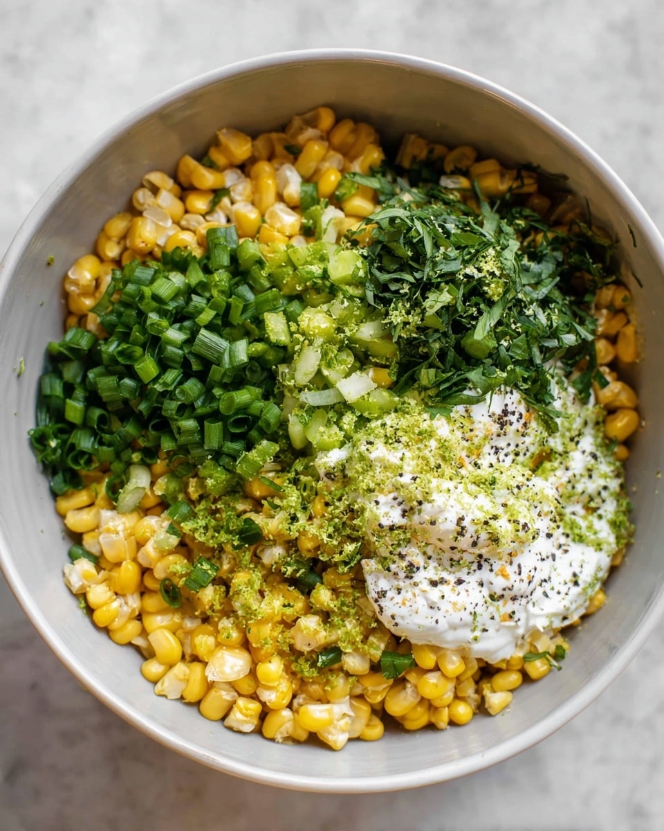 A white bowl filled with several layers: the bottom layer is a heap of yellow corn kernels, mixed with small green chive pieces scattered on top. Around the corn, there are groups of chopped green herbs, including cilantro, green onions, and basil, placed in different parts of the bowl. On the right side, a dollop of white cream is sprinkled with black pepper and topped with some green lime zest. The bowl sits on a white marbled surface. Photo taken with an iphone --ar 4:5 --v 7