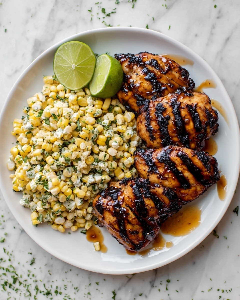 On a white plate, there are four pieces of grilled chicken with dark char lines, placed on the right side. The chicken has a shiny glaze dripping on and around it, adding a slight orange-brown color. On the left side of the plate, there is a creamy corn salad made of yellow corn kernels mixed with chopped green herbs and white cream, giving it a fresh look. Two green lime wedges are placed on the plate, one resting partially on the corn and chicken, adding a bright green contrast. The plate sits on a white marbled surface with some small green herb bits scattered around. Photo taken with an iphone --ar 4:5 --v 7