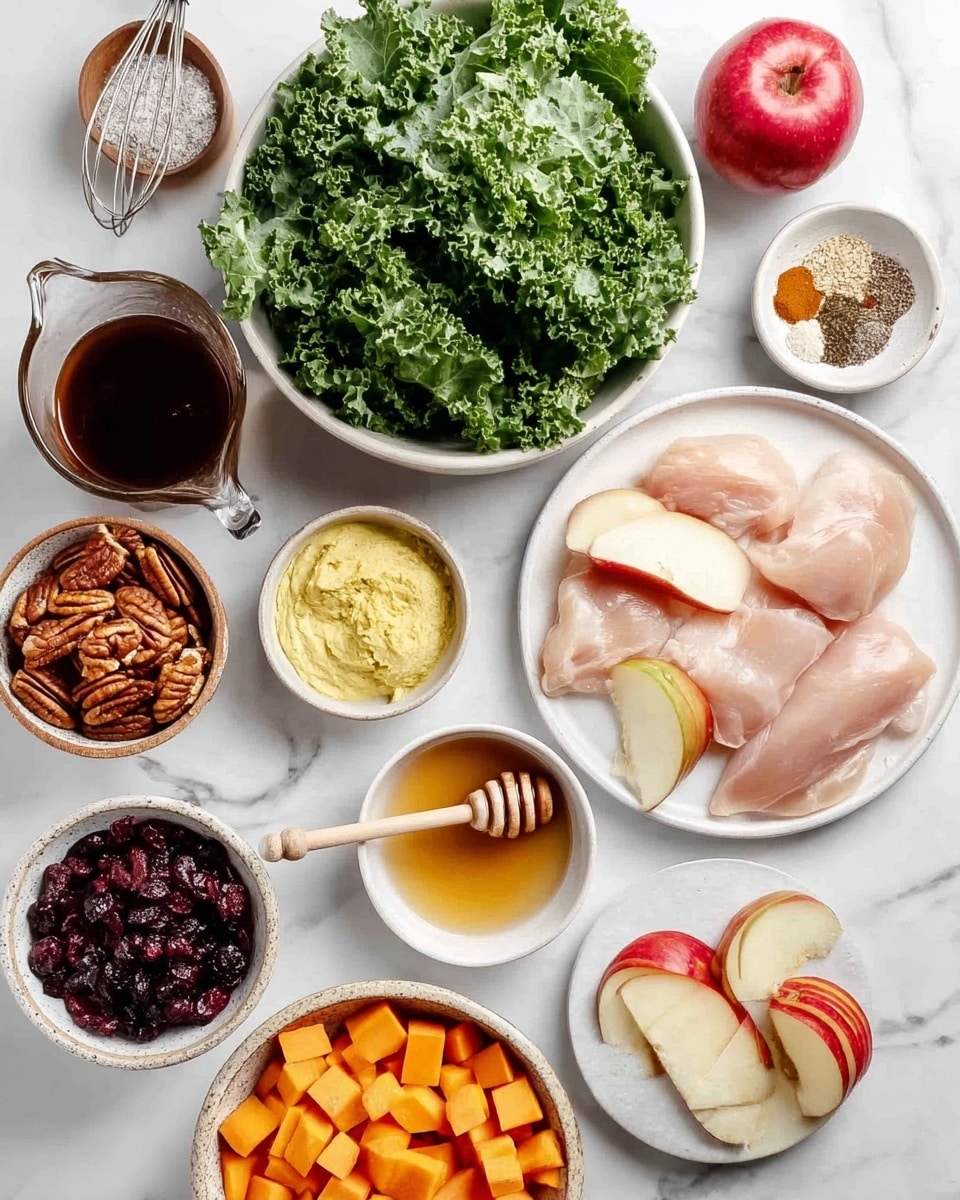 The image shows a white marbled surface with several white bowls and plates arranged neatly, each holding different food ingredients. In the center, there is a white bowl filled with fresh green kale leaves. Surrounding it, clockwise, are a white bowl with yellowish mustard, a white bowl with thin slices of red apple, a small white bowl with honey and a wooden honey dipper, a white plate holding three raw pale pink chicken pieces, and a white bowl with orange diced sweet potatoes. On the left side, there is a glass measuring cup with dark brown liquid and a small whisk inside, a small white bowl filled with dark red dried cranberries, a white bowl with chopped pecans, and two small rustic bowls with various dry spices. Two small bowls hold white and black ground spices. A whole red apple sits near the top edge of the image. The setting is bright and clean, highlighting the fresh ingredients. Photo taken with an iphone --ar 4:5 --v 7
